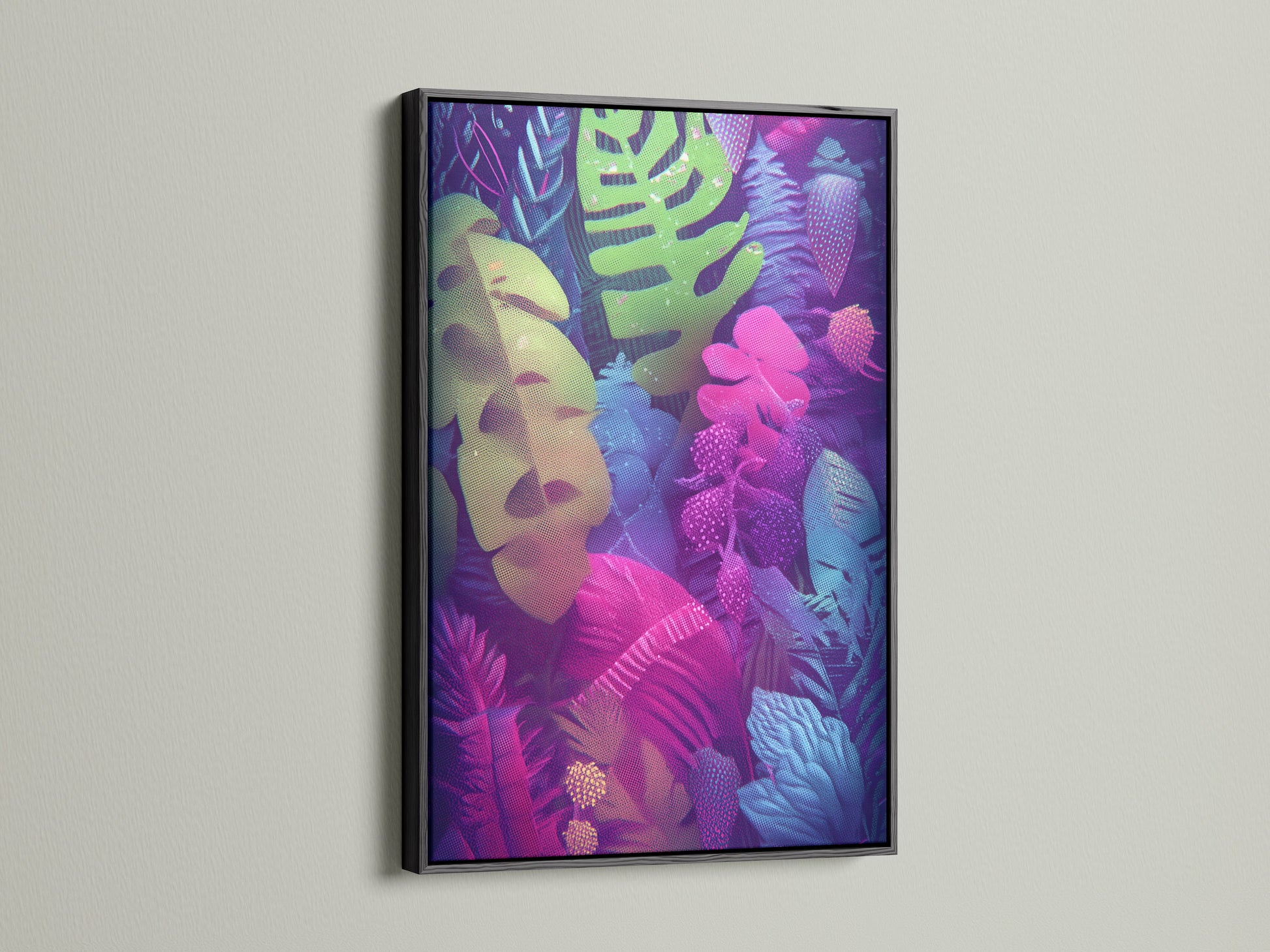 Tropical leaves canvas print in a black frame. The bold black frame adds contrast to the neon botanical wall art. This exotic foliage poster stands out as a modern statement piece. Perfect for creating a stylish gallery wall.