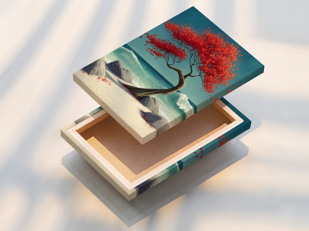 A stretched canvas print of coastal tree artwork. The artwork shows a red bonsai tree on a beach with turquoise ocean waves. The canvas print captures every detail. Perfect for living room wall art or bedroom wall decor.