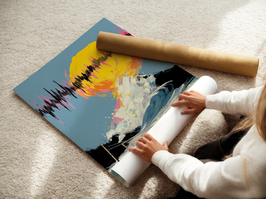 A woman is carefully rolling a fine art poster paper. The Beach Volleyball artwork is printed on high-quality paper. This retro sports poster is perfect for dorms and man caves adding coastal flair.