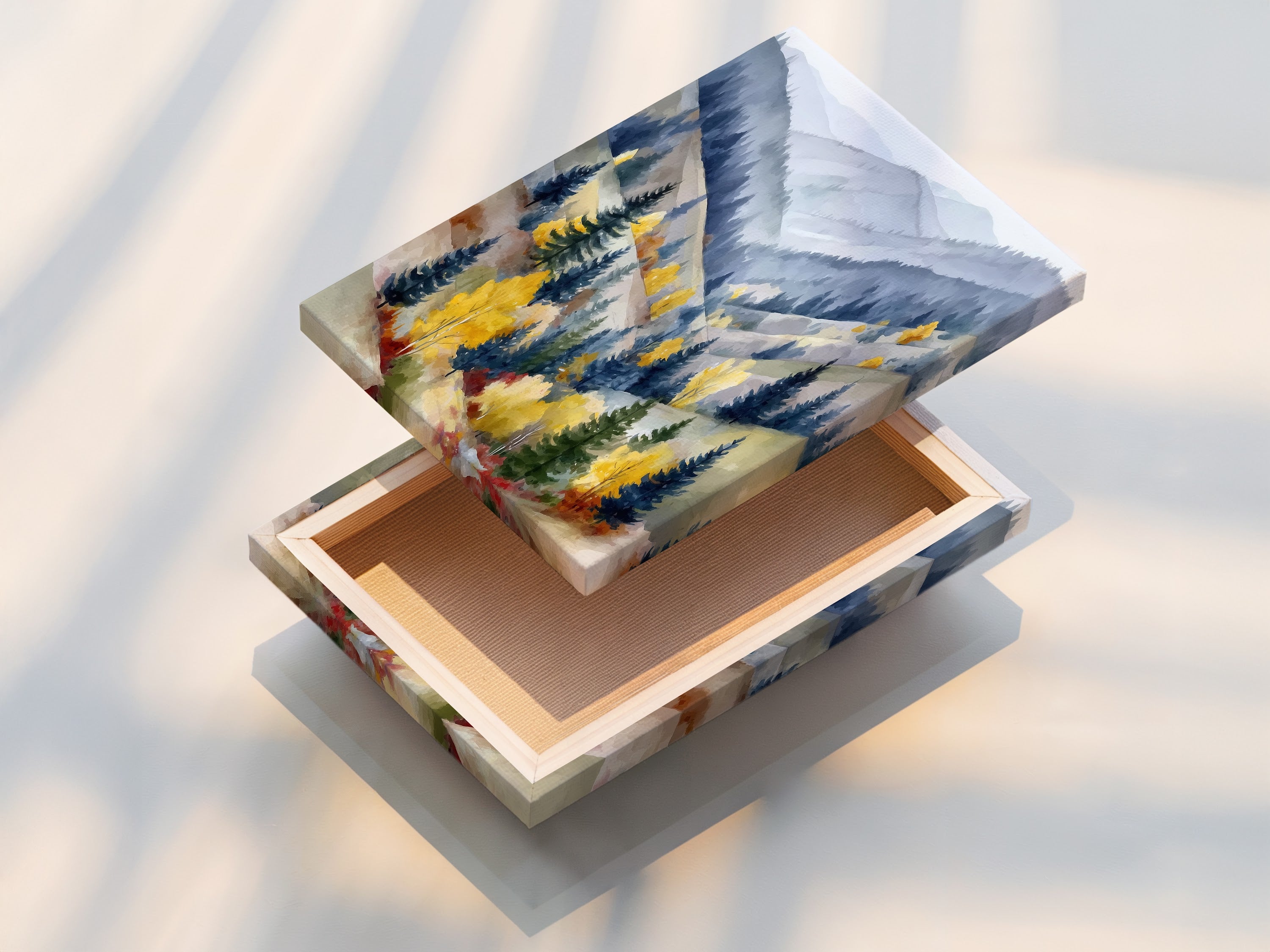 Experience the texture of our stretched canvas print. This mountain valley artwork is ready to hang. It brings depth and dimension to your walls. The stretched canvas enhances the watercolor landscape. Perfect for adding a gallery touch to your home or office.