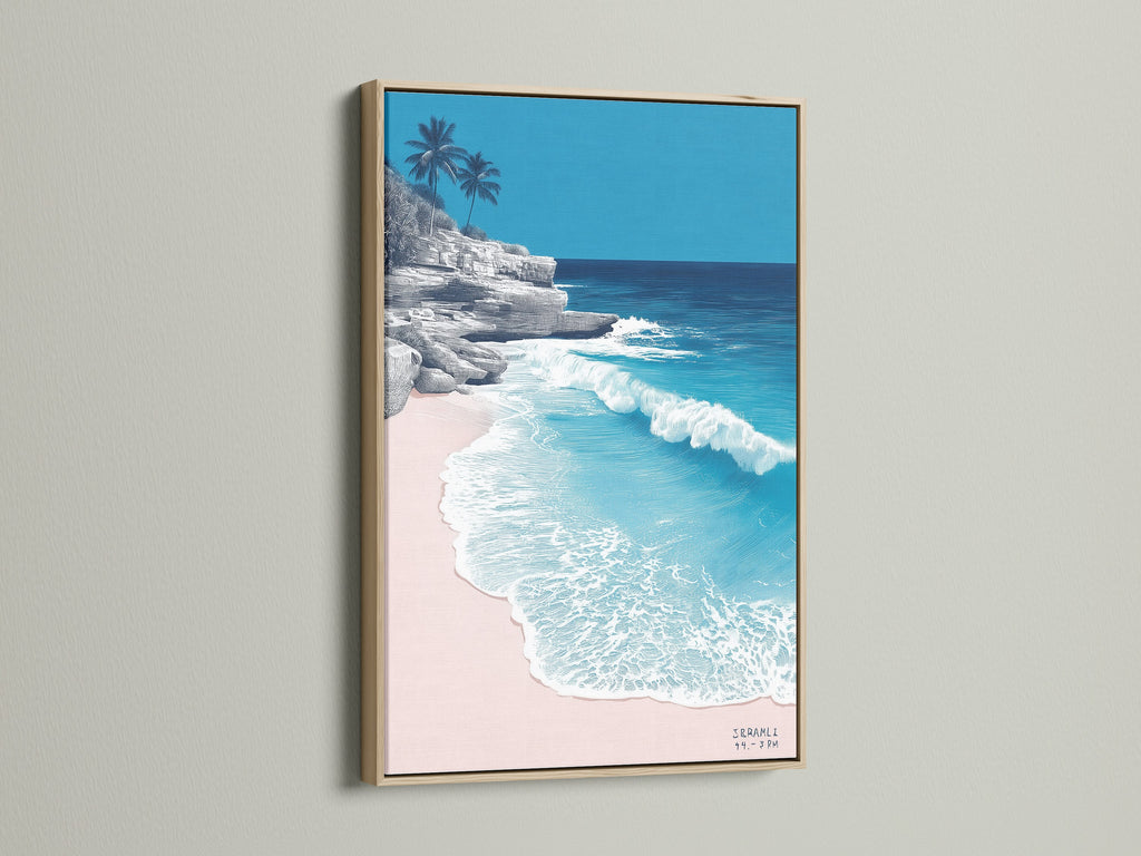 Tropical beach artwork in a light oak frame. The turquoise ocean wall art complements coastal decor. This coastal landscape photography brings a serene beach vibe to your living room. Discover more seascape art.