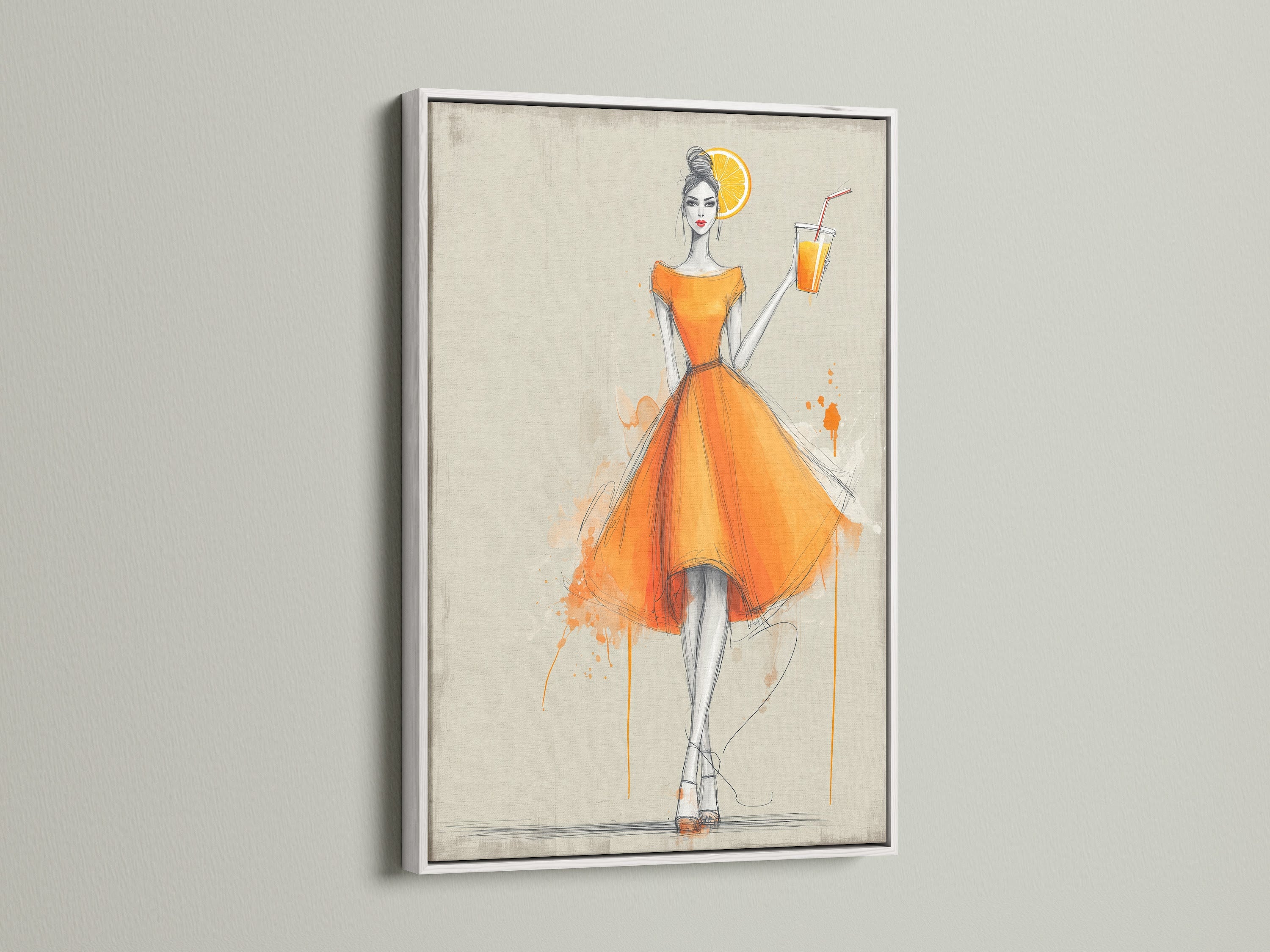 This fashion illustration print is showcased in a white frame. The woman in the orange dress creates a stylish statement. This watercolor canvas enhances any bedroom decor. A perfect gift for any woman.
