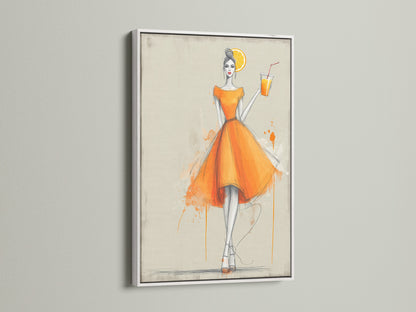 This fashion illustration print is showcased in a white frame. The woman in the orange dress creates a stylish statement. This watercolor canvas enhances any bedroom decor. A perfect gift for any woman.