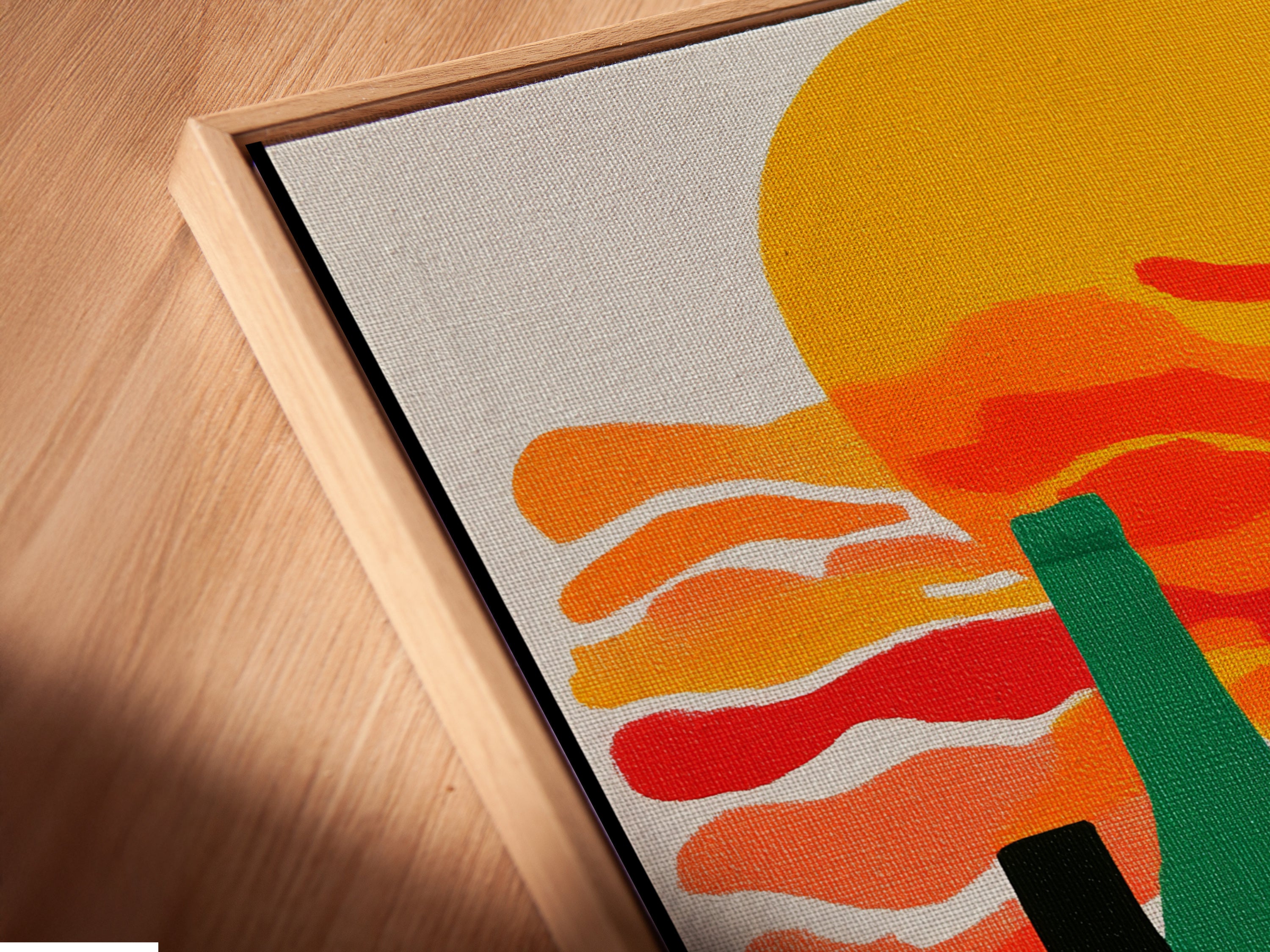 A close-up angled view reveals a canvas print in a floating frame. The modern abstract wine bottle artwork is vibrant and colorful. Perfect for kitchens dining rooms and bars. Elevate your space.