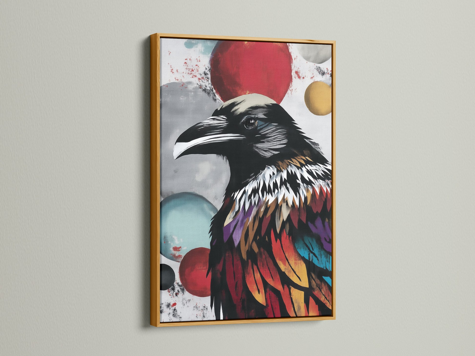 The colorful raven art is displayed in a gold frame. This gothic bird wall art brings elegance to any room. It is a modern artwork that stands out. A great gift for anyone appreciating avian art.
