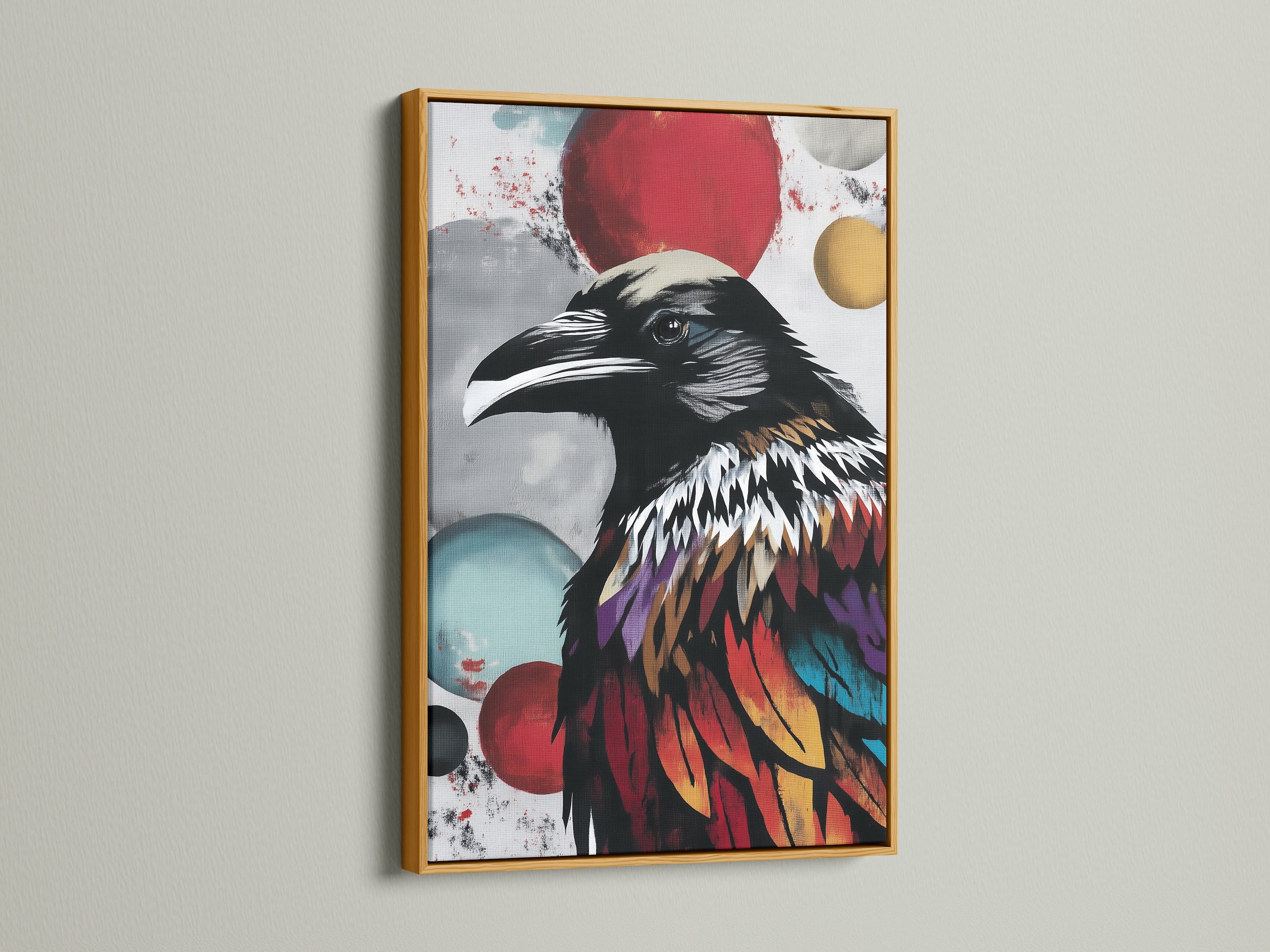 The colorful raven art is displayed in a gold frame. This gothic bird wall art brings elegance to any room. It is a modern artwork that stands out. A great gift for anyone appreciating avian art.
