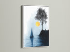 A serene seascape artwork featuring a sailboat and sunlit tree is showcased in a white frame. This coastal wall art enhances any minimalist or Scandinavian interior. The blue and yellow tones create a peaceful atmosphere. Ideal for adding a nautical touch to your home or office. Discover our range of framed fine art prints.
