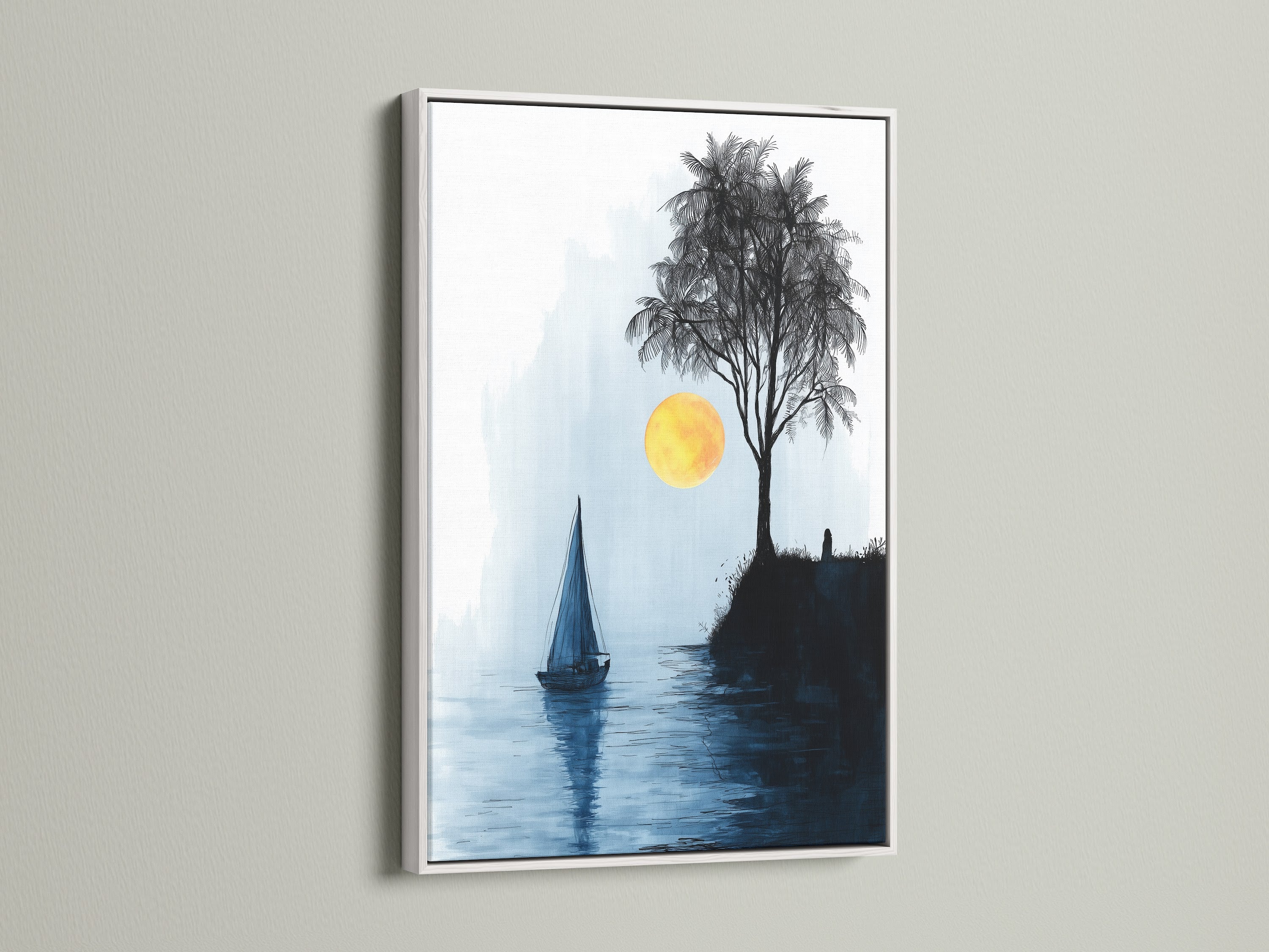A serene seascape artwork featuring a sailboat and sunlit tree is showcased in a white frame. This coastal wall art enhances any minimalist or Scandinavian interior. The blue and yellow tones create a peaceful atmosphere. Ideal for adding a nautical touch to your home or office. Discover our range of framed fine art prints.
