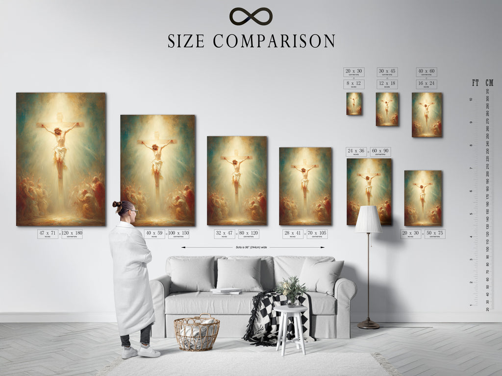 This is a helpful size comparison chart displayed in a stylish interior. The chart shows various artwork sizes. The chart helps you visualize how artwork will look in your space. Discover the perfect size for your needs. Explore our size comparison chart for easy planning. Make confident decisions with our comprehensive guide.