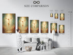 This is a helpful size comparison chart displayed in a stylish interior. The chart shows various artwork sizes. The chart helps you visualize how artwork will look in your space. Discover the perfect size for your needs. Explore our size comparison chart for easy planning. Make confident decisions with our comprehensive guide.