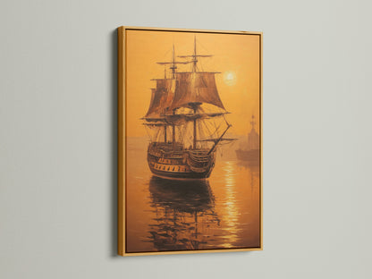 Artwork of a sailing ship in a gold floating frame. The artwork is a beautiful depiction of a ship sailing. The gold frame adds a touch of luxury and glamour to the piece. Perfect for adding a touch of nautical charm to any room. The artwork is sure to be a conversation starter for your guests.