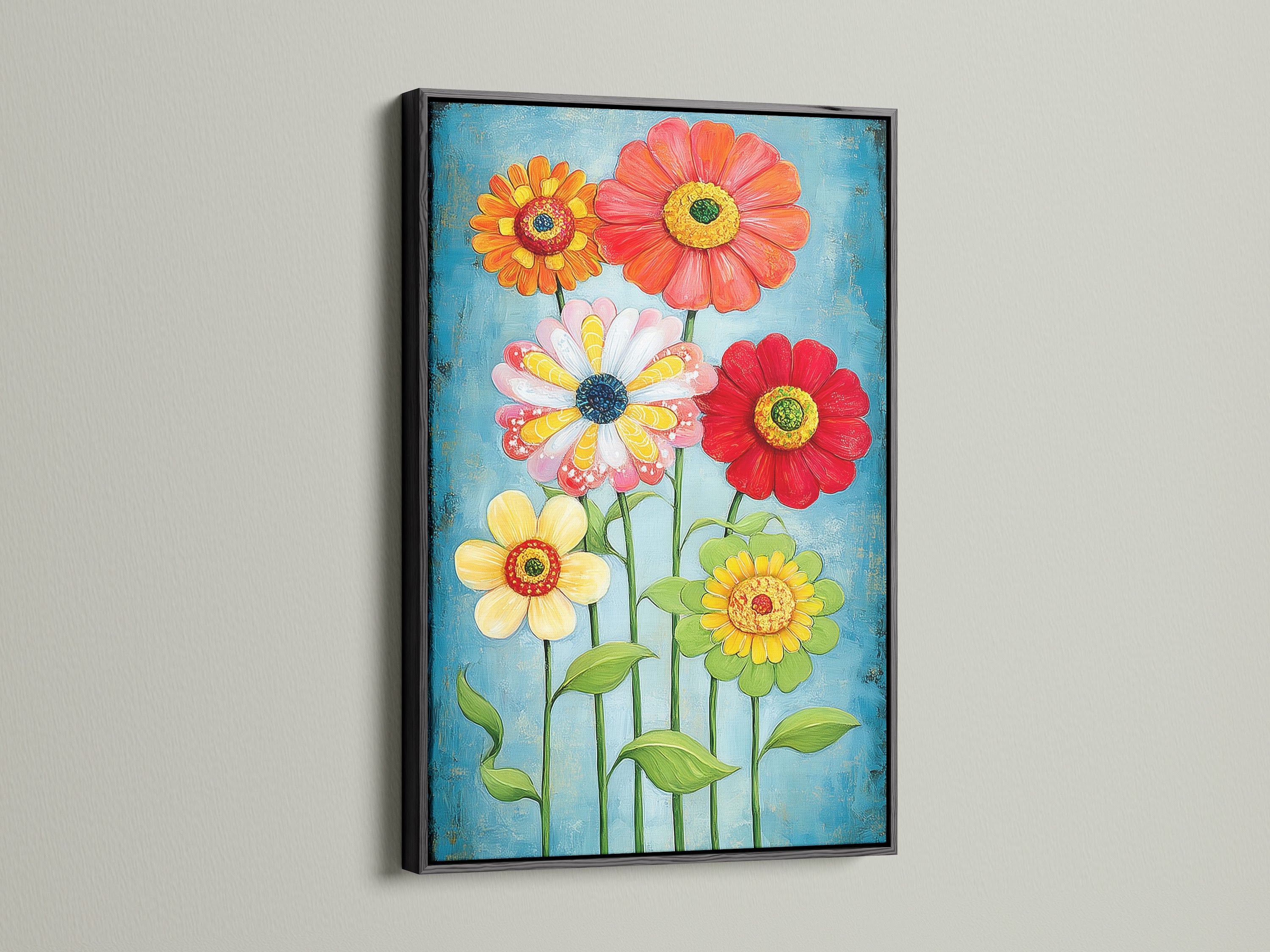 A floral canvas print in a black frame is shown. The contrast enhances the colorful flower garden artwork. This botanical print offers a modern aesthetic. It is perfect for wall decoration in studios or lobbies. It adds a sophisticated touch.