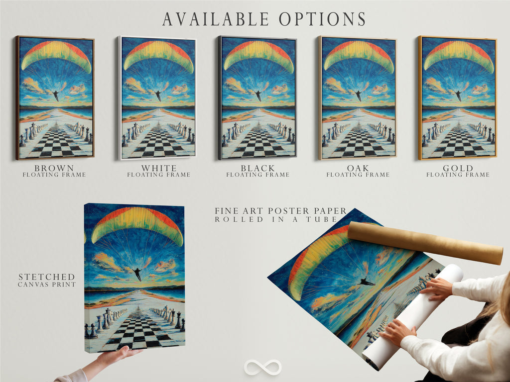 Explore the available options for the chess skydiving artwork. Choose from a stretched canvas print a fine art poster paper or a floating frame. Personalize your modern wall art to perfectly match your style and space.