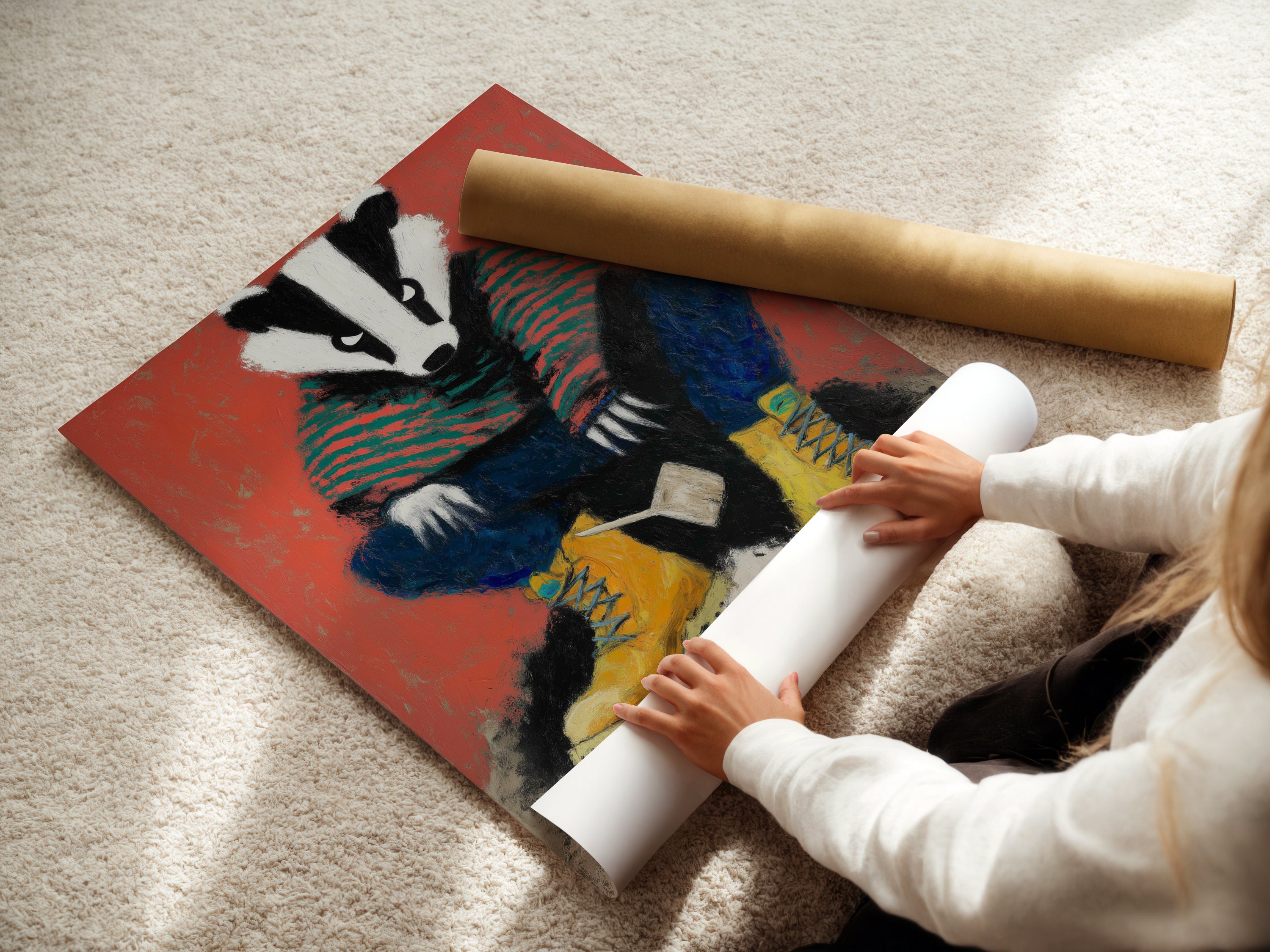 A woman is carefully rolling a fine art poster paper print of the badger artwork. The process ensures the whimsical art print remains in pristine condition. Perfect for creating folk-style woodland creature canvas for your nursery or kids room. It is a great way to preserve and display your favorite art.