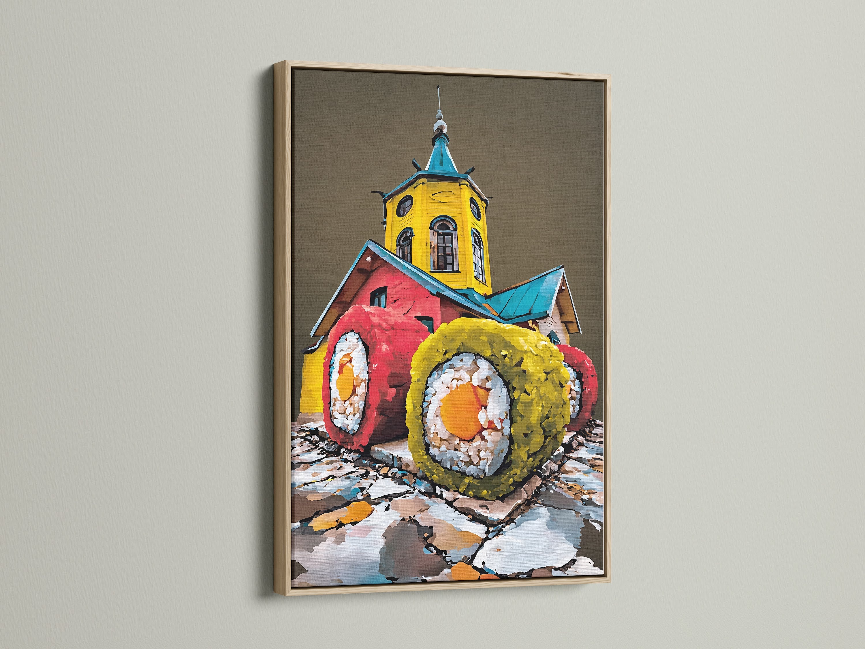 Oak frame presenting vibrant sushi artwork. The Japanese food canvas art enhances dining spaces. A great choice for homeowners renters and restaurant owners. It brings a modern touch to kitchen wall decor and culinary art.