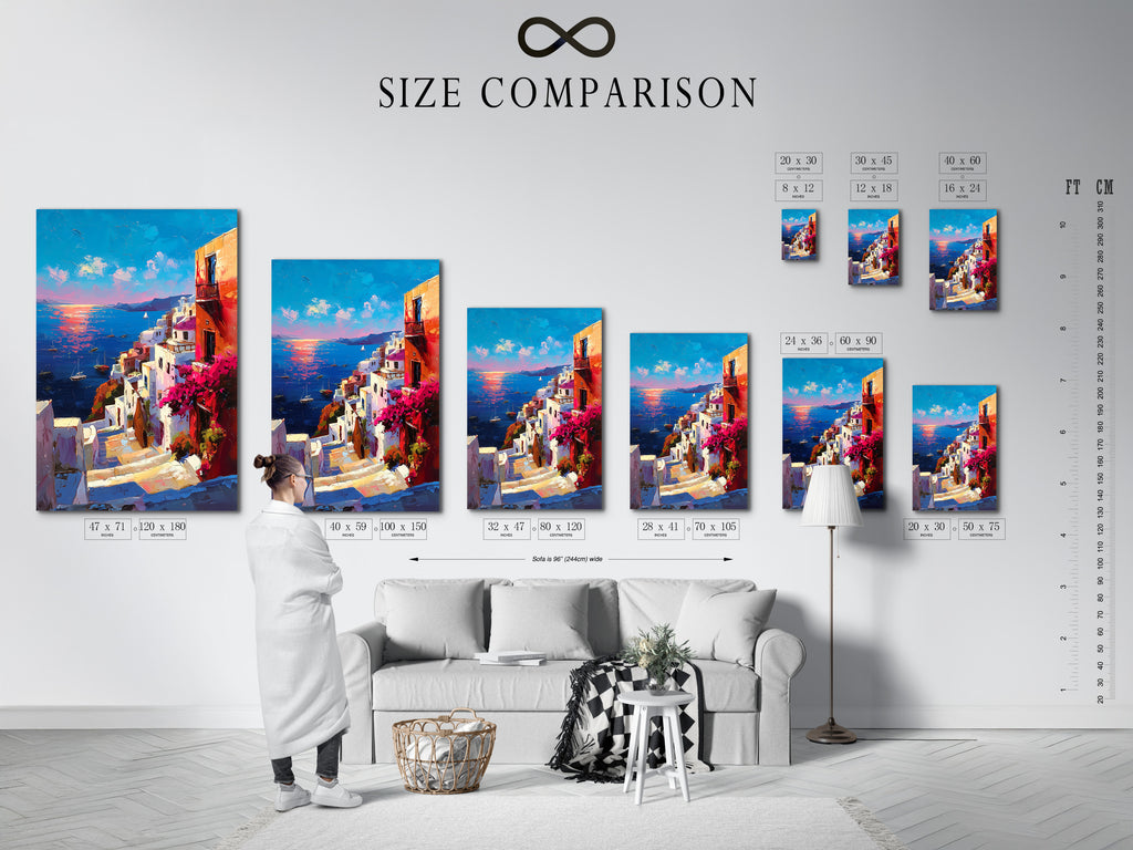 This size comparison chart is displayed in an interior setting. It helps visualize artwork dimensions. Compare sizes to find the perfect fit for your space. Choose the ideal size for your artwork display. Consider the room's dimensions when selecting art.