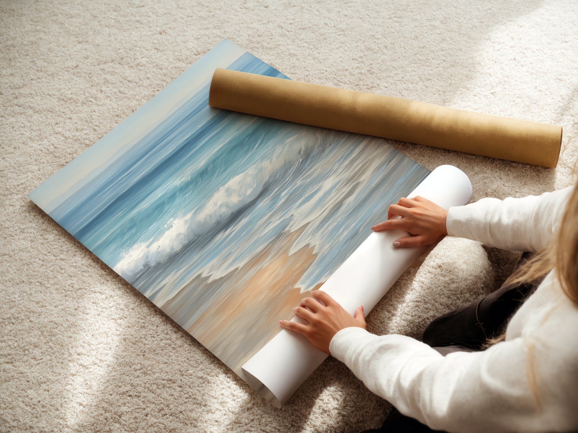A woman is rolling fine art poster paper. This high-quality material ensures a beautiful and long-lasting print. Ideal for creating stunning coastal artwork and beach decor. Perfect for any home or office space.