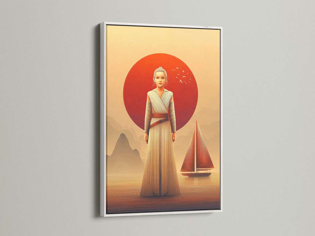 Rey Star Wars art is showcased in a white frame. The white frame offers a clean modern look. This desert sunset canvas print is ideal for minimalist decor. Add this sci-fi wall art to your living room.