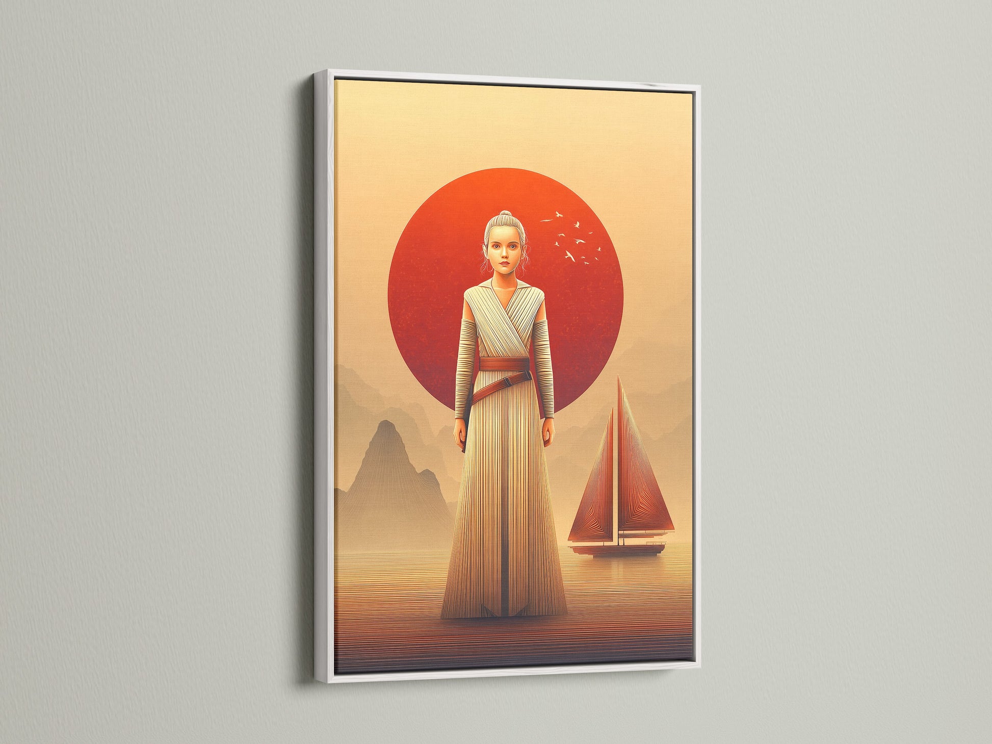 Rey Star Wars art is showcased in a white frame. The white frame offers a clean modern look. This desert sunset canvas print is ideal for minimalist decor. Add this sci-fi wall art to your living room.