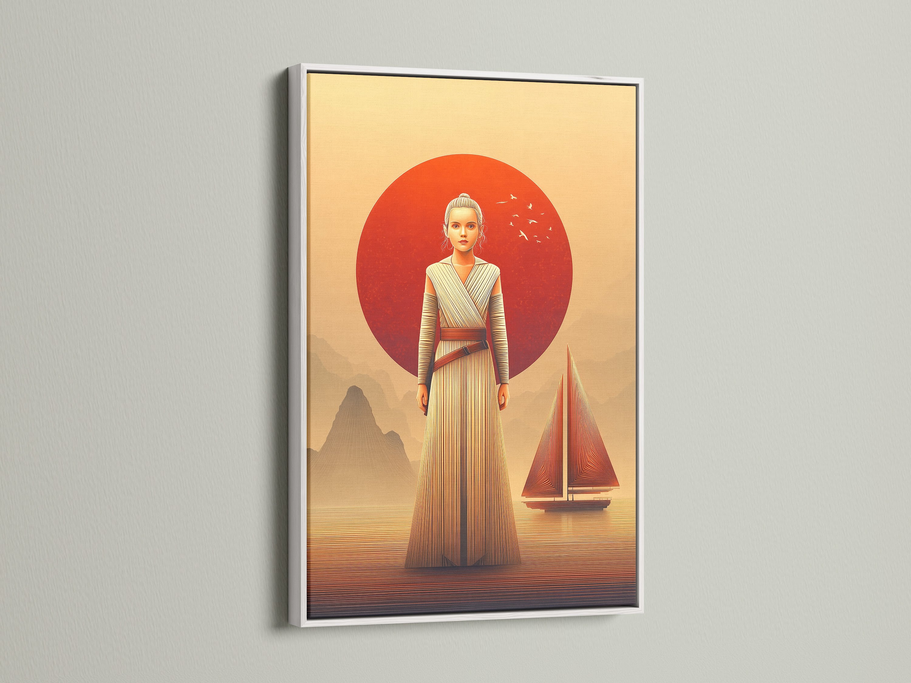 Rey Star Wars art is showcased in a white frame. The white frame offers a clean modern look. This desert sunset canvas print is ideal for minimalist decor. Add this sci-fi wall art to your living room.