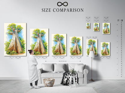 A size comparison chart is displayed in an interior setting. The chart showcases the various sizes available for the Baobab Tree artwork. See how this African landscape canvas can fit into your living room bedroom or office space. Find your perfect botanical art piece.