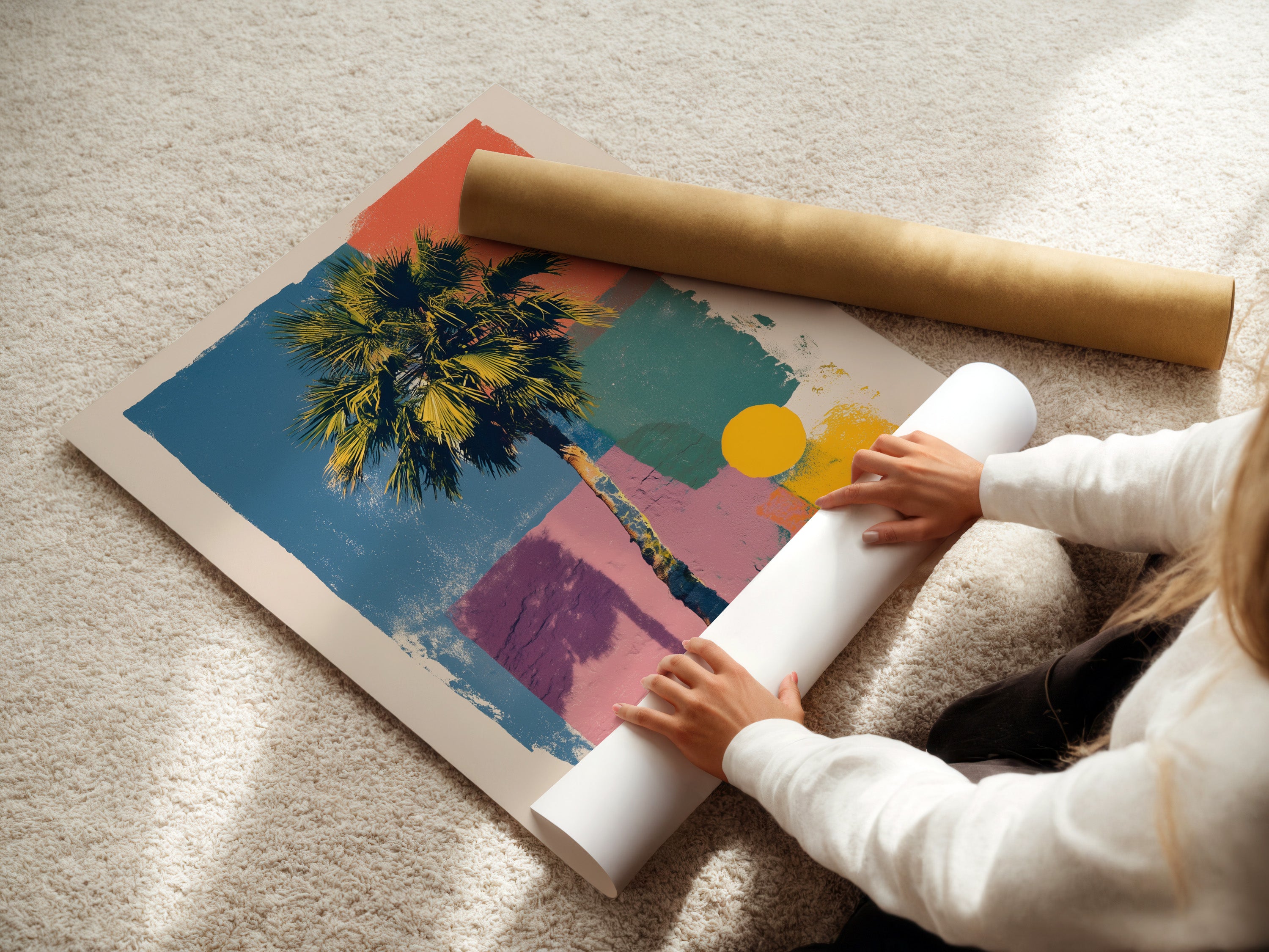 A woman is carefully rolling a fine art poster paper. The poster is made of high-quality materials. It ensures vibrant colors and longevity. This fine art poster paper is perfect for creating stunning artwork prints.