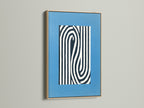 Abstract line art print displayed in an oak frame. This blue modern wall art enhances any room. The minimalist optical illusion canvas adds depth. Perfect for office decor or modern home styling. Explore our framed artwork options now.