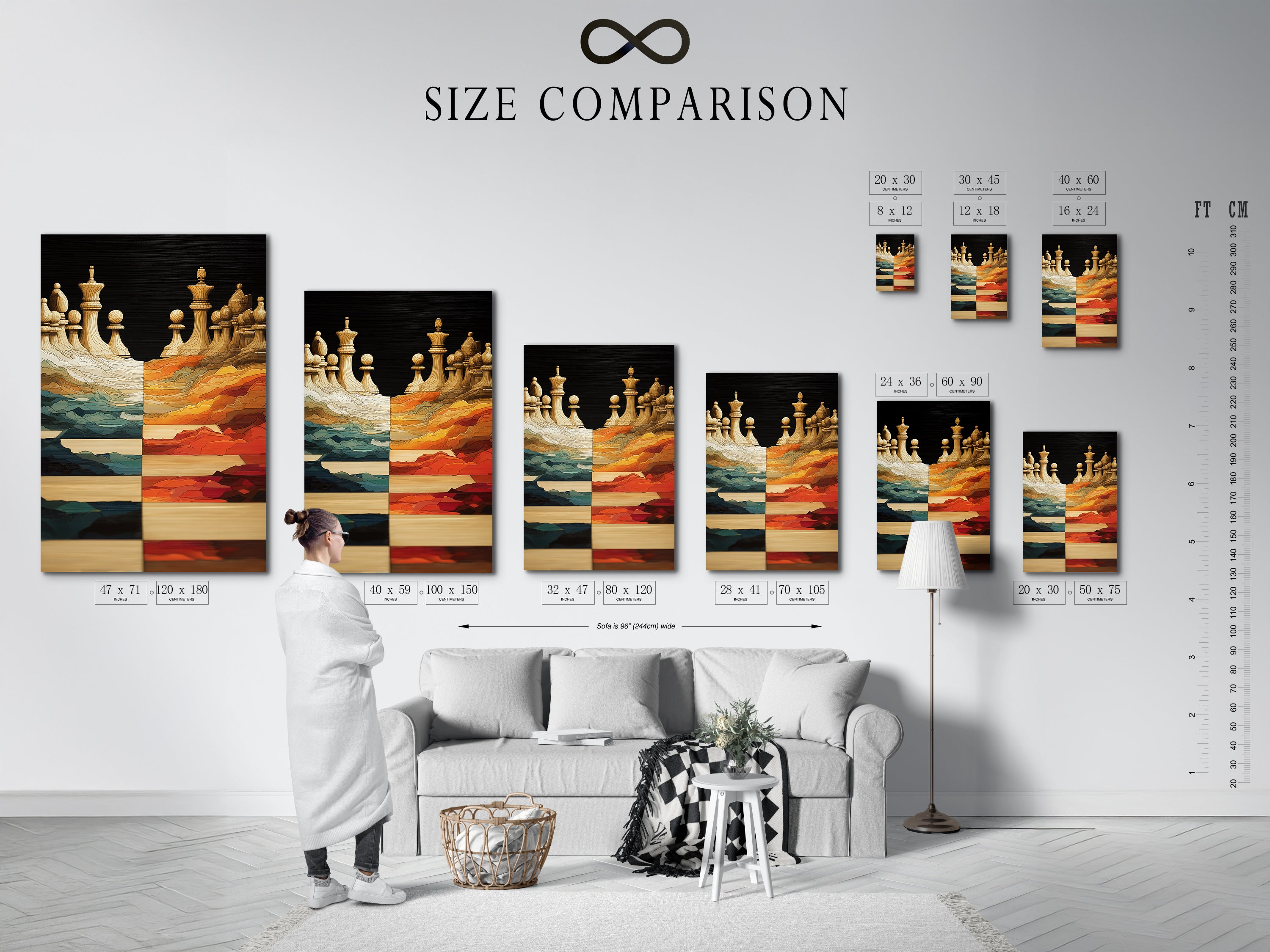 Size comparison chart in an interior setting. Various sizes of chess art are shown. Visualize the perfect fit for your space. Modern board game artwork in teal and orange tones.