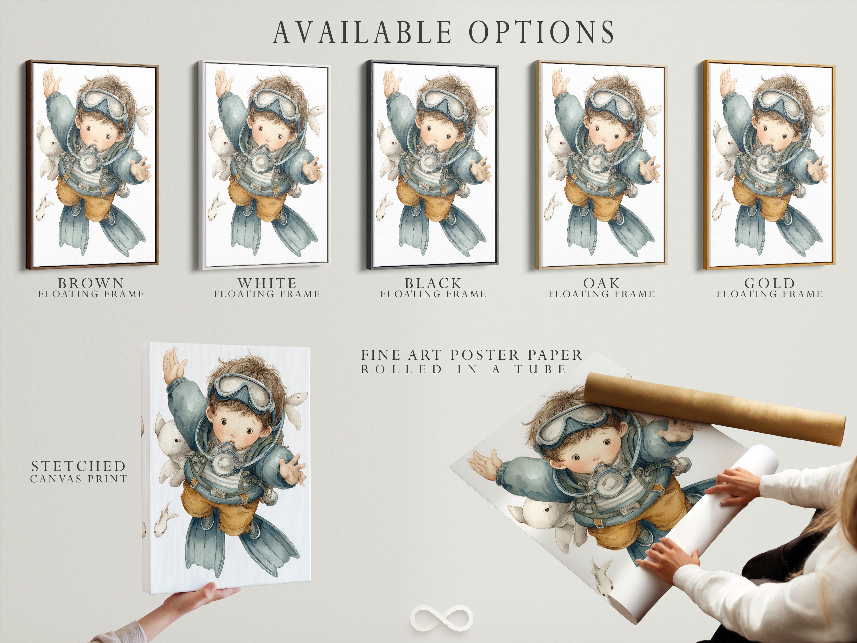Various options are available for the scuba diver art. Choose from a stretched canvas print or fine art poster paper. A floating frame is also an option. Customize your art for your kids room decor or nursery. Create a unique ocean themed space.