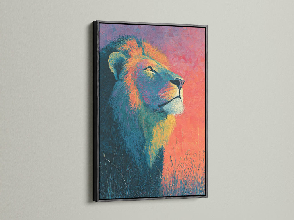 A dramatic lion artwork is showcased in a black frame. The black frame provides a bold contrast. It makes the colors pop. View our black frame selection for a sophisticated touch.