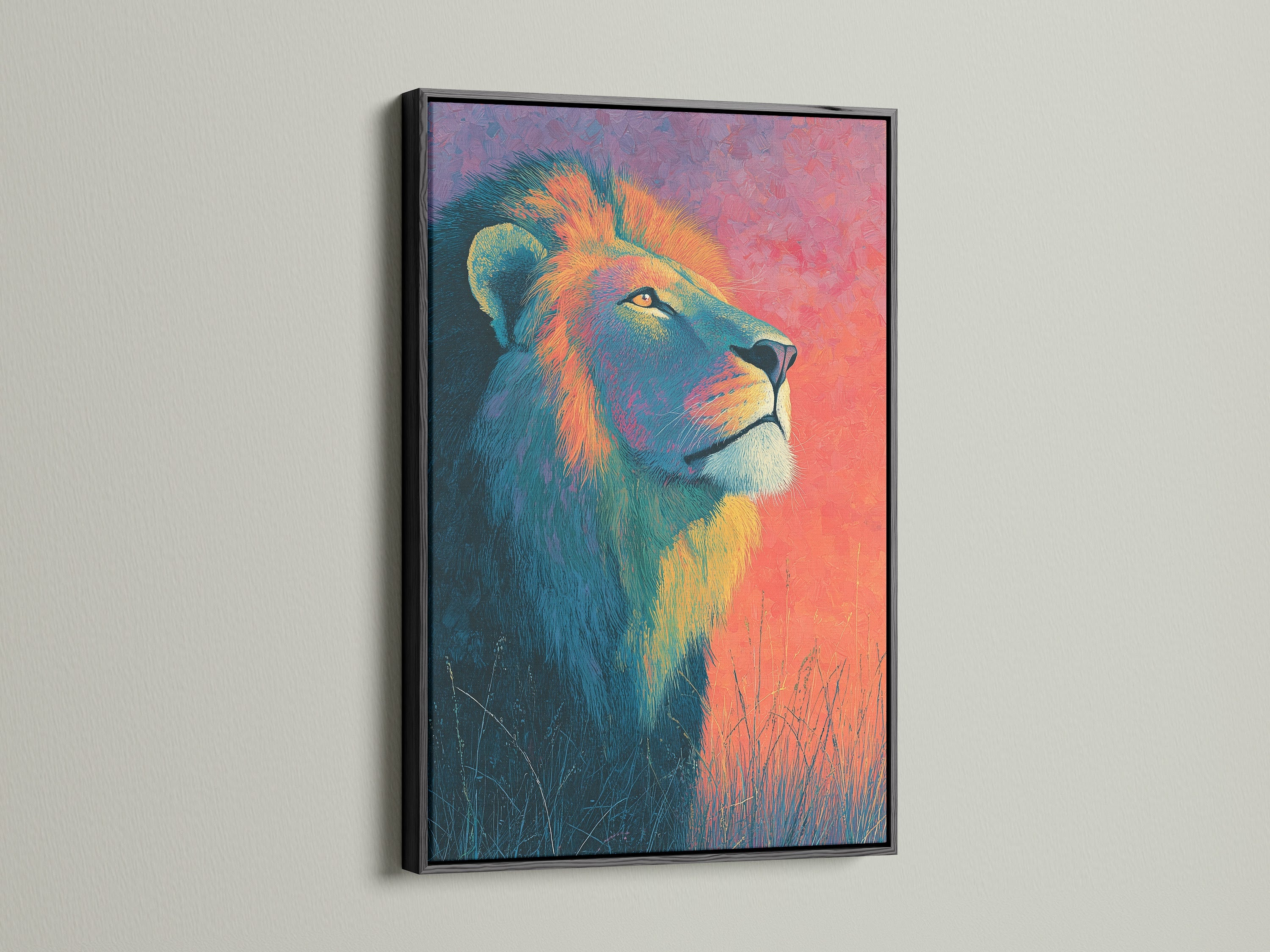 A dramatic lion artwork is showcased in a black frame. The black frame provides a bold contrast. It makes the colors pop. View our black frame selection for a sophisticated touch.