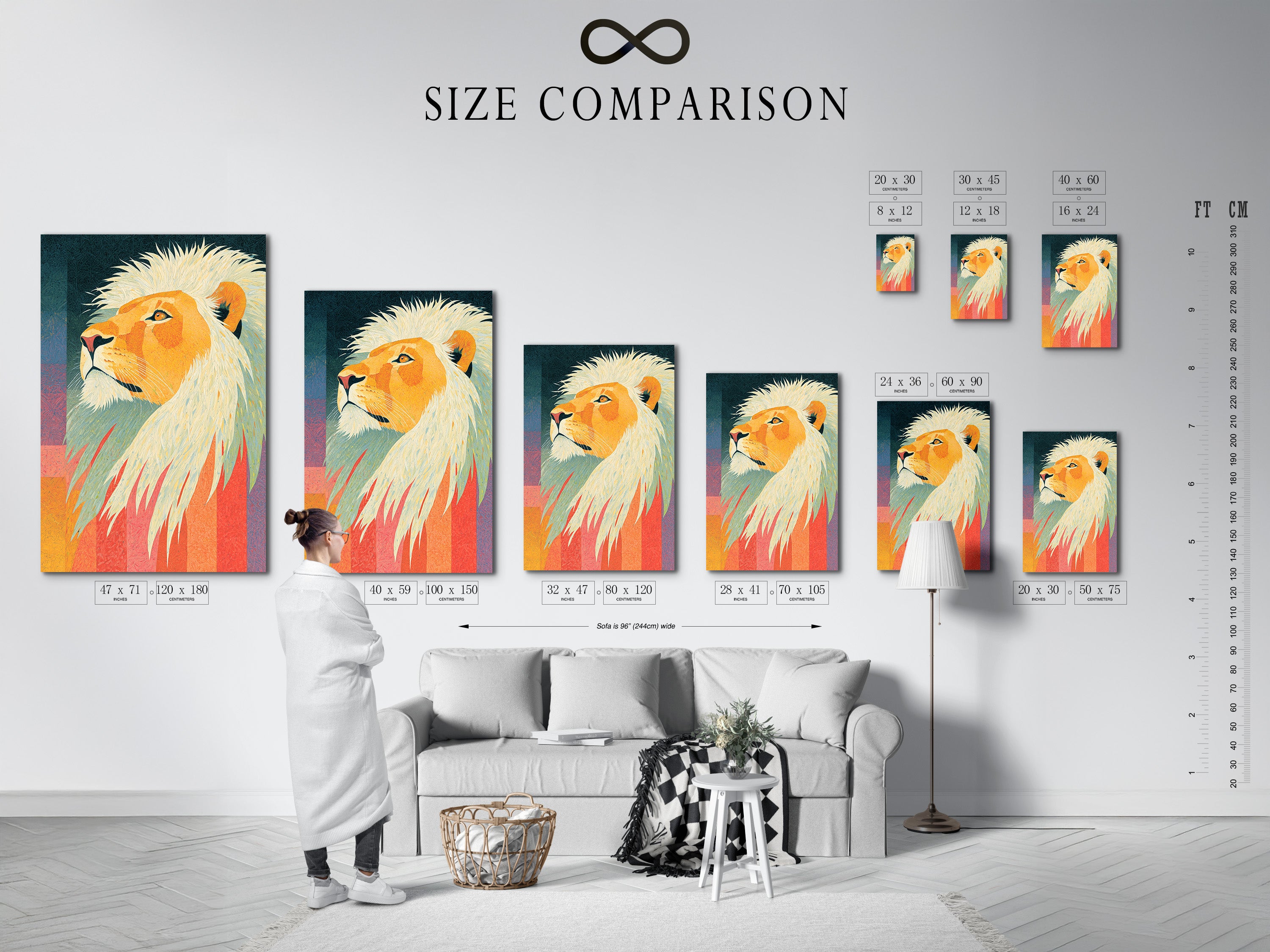 A size comparison chart is displayed in an interior setting. This chart helps visualize artwork dimensions. See how different sizes fit in a room. Discover the perfect size for your art. Make informed art buying decisions.