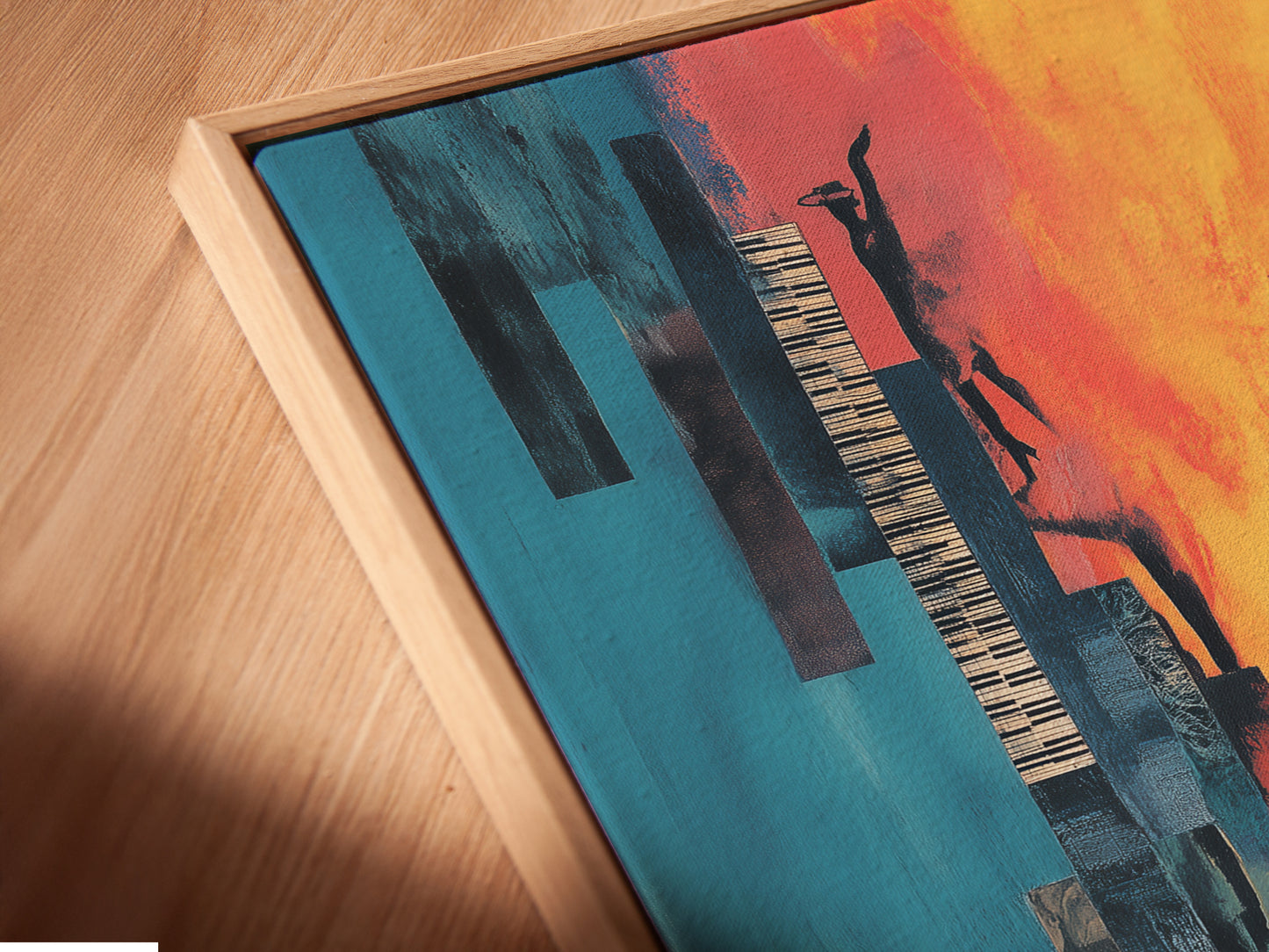 Close up of an abstract figure canvas print in a floating frame. The artwork features teal blue and orange hues. Modern musical art perfect for studio decor. The floating frame adds a contemporary touch. Elevate your space with inspiring artwork. This piece enhances any room's aesthetic. A stunning addition to your home.