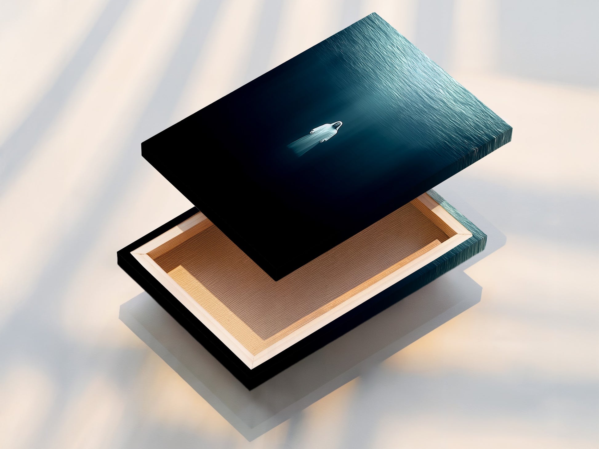 This is a stretched canvas print featuring underwater figure artwork. The ocean canvas art adds a touch of tranquility to any space. Ideal for homeowners and interior designers. This stretched canvas print is perfect for creating a zen wall decor in living rooms or bedrooms.