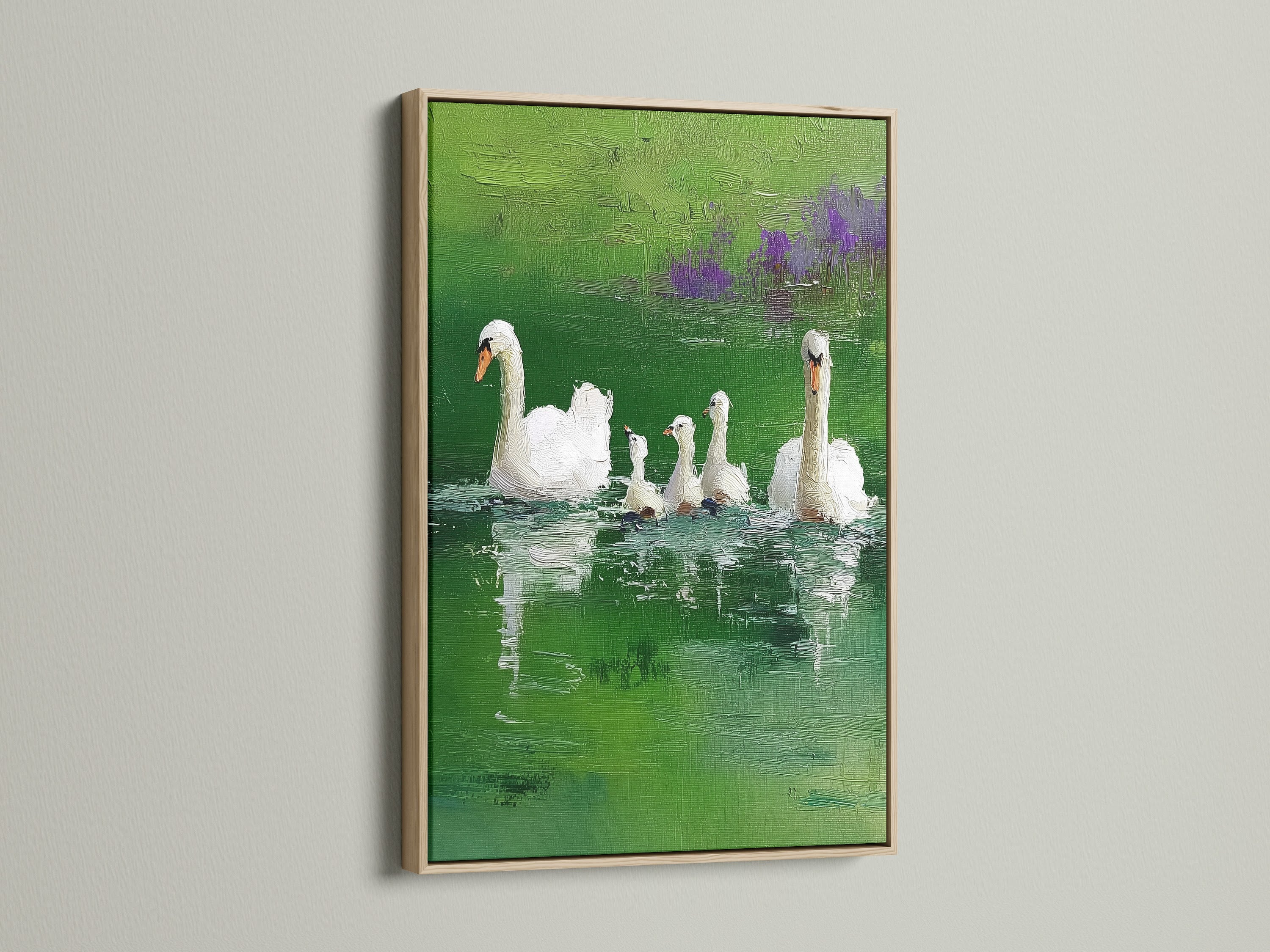 A sophisticated oak frame showcases a beautiful artwork. The artwork features swans in a serene setting. The oak frame adds a touch of warmth. It enhances the artwork's visual appeal. This combination complements any interior style.