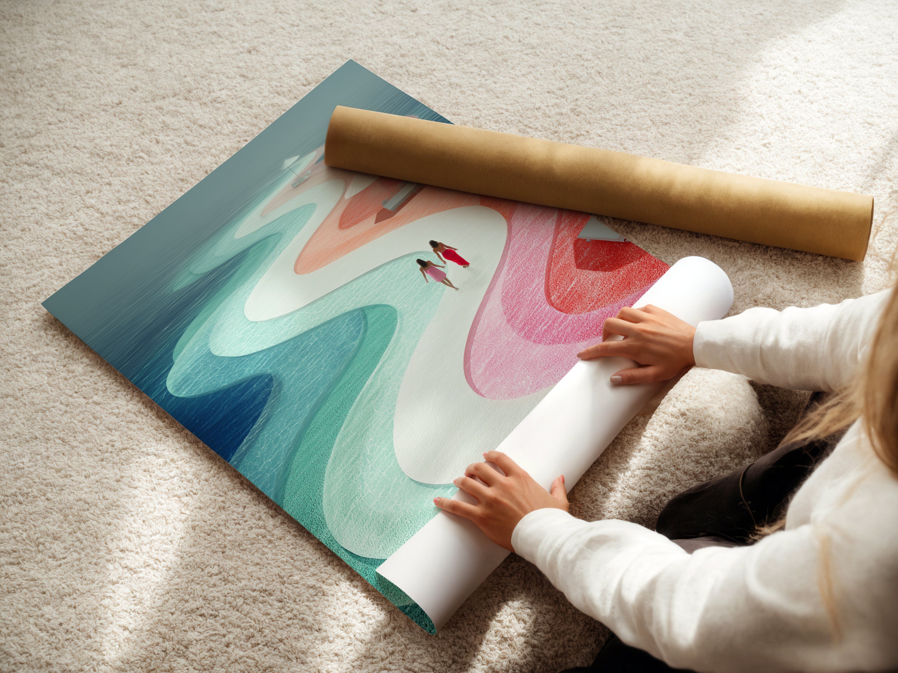 A woman is carefully rolling fine art poster paper. This showcases the high quality material used for our prints. Ideal for abstract beach artwork and coastal wall art. Ensure your modern ocean wave print arrives in perfect condition. Experience the beauty of fine art.