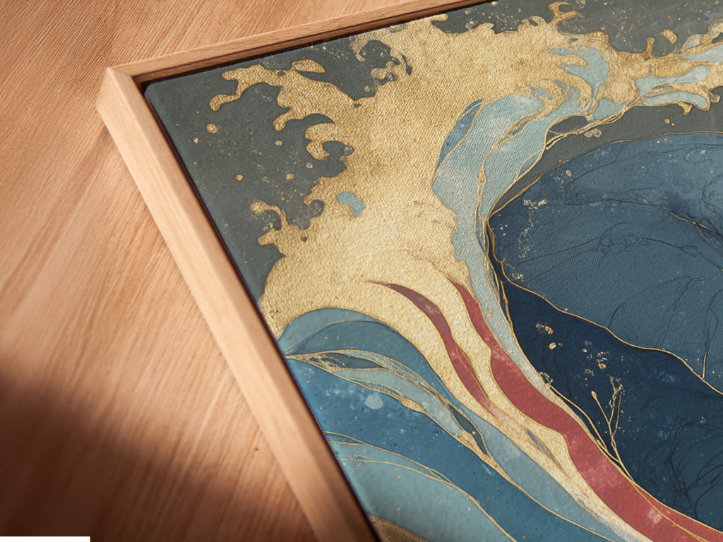 A close-up angled view of the canvas print featuring an elephant in an ocean wave with a floating frame. The blue and gold abstract artwork is a unique piece. It will elevate the style of your living room or bedroom wall decor.