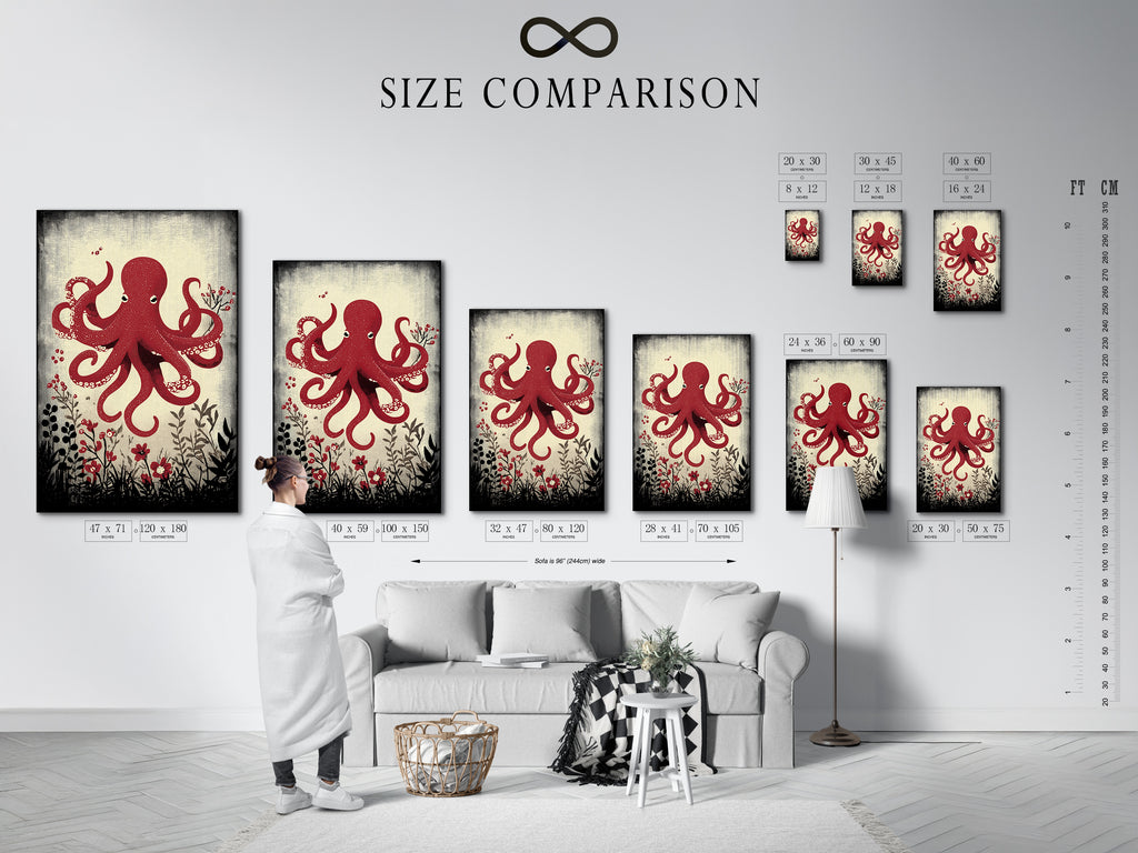 Size comparison chart displayed in a stylish interior setting. Featuring the red octopus artwork in various sizes. Helping you visualize the perfect fit for your space. Discover the ideal nautical print today.
