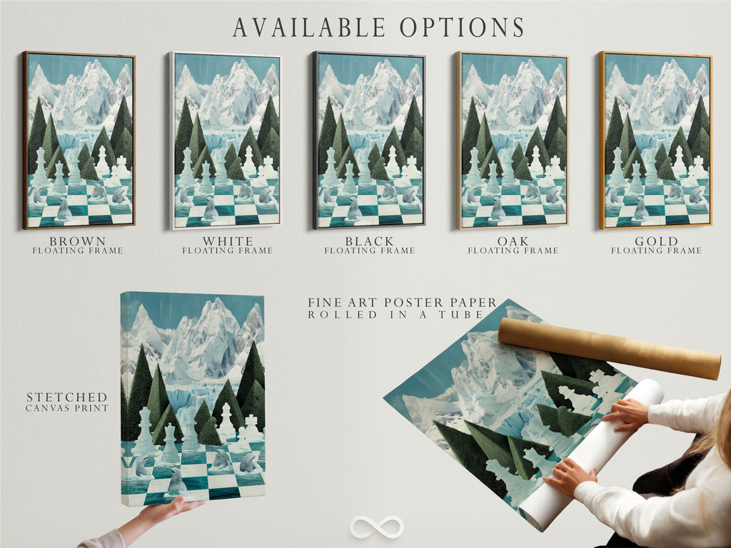Explore available options for the Chess Arctic Canvas Print. Choose from a stretched canvas print a fine art poster paper or a floating frame. Customize your polar bear artwork to fit your style. The teal chessboard art is perfect for any chess enthusiast. Find your ideal chess artwork today.