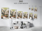 A size comparison chart in an interior setting helps visualize the Architectural Atrium artwork. This allows you to see how the botanical garden art fits. Compare sizes of the modern print. Choose the perfect fit for your office wall decor. See how this architectural canvas enhances the space.