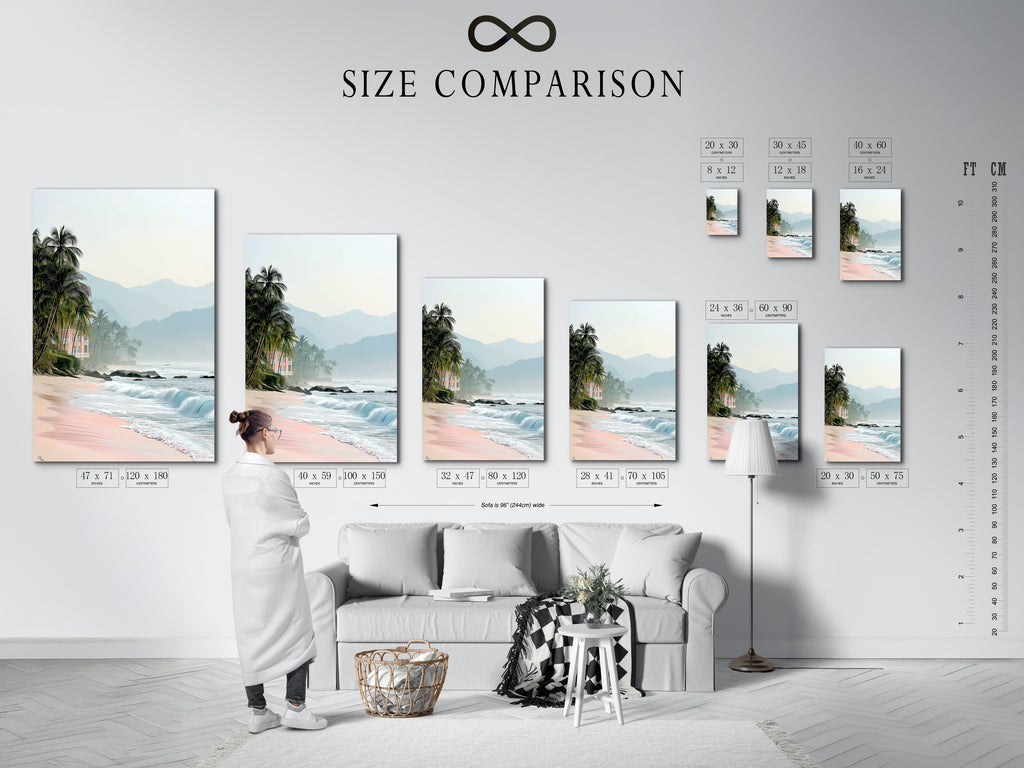 A size comparison chart is displayed in an interior setting. It shows various sizes of tropical beach canvas prints. The artwork includes pink sand and coastal scenery options for vacation home decor.