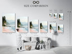 A size comparison chart is displayed in an interior setting. It shows various sizes of tropical beach canvas prints. The artwork includes pink sand and coastal scenery options for vacation home decor.