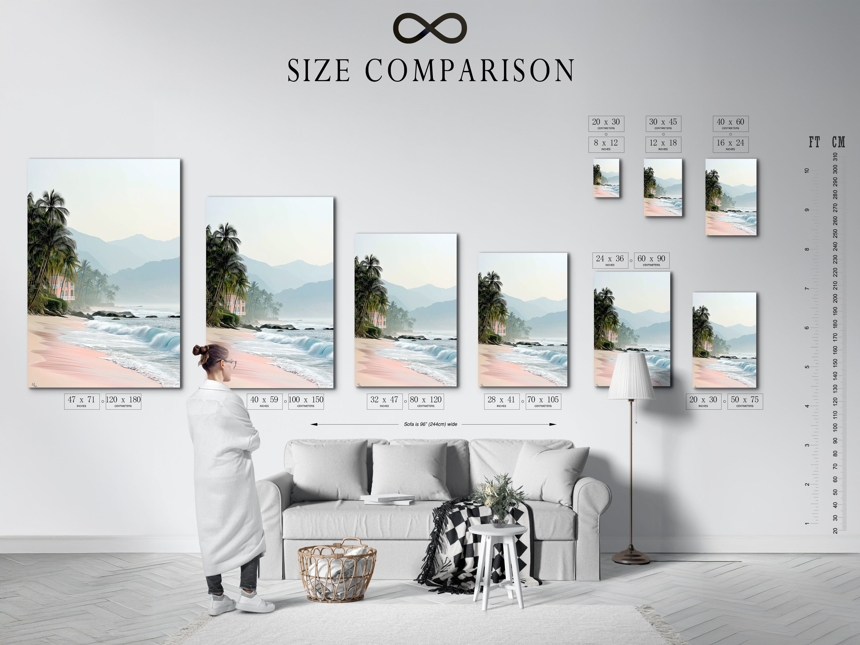 A size comparison chart is displayed in an interior setting. It shows various sizes of tropical beach canvas prints. The artwork includes pink sand and coastal scenery options for vacation home decor.