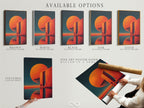 Available options include a stretched canvas print fine art poster paper and floating frame. The abstract sunset artwork can be customized. The modern geometric wall art suits various styles. The coral orange colors add warmth. Choose the perfect option. Ideal for art enthusiasts seeking personalized decor. Enhance your space with this contemporary artwork.