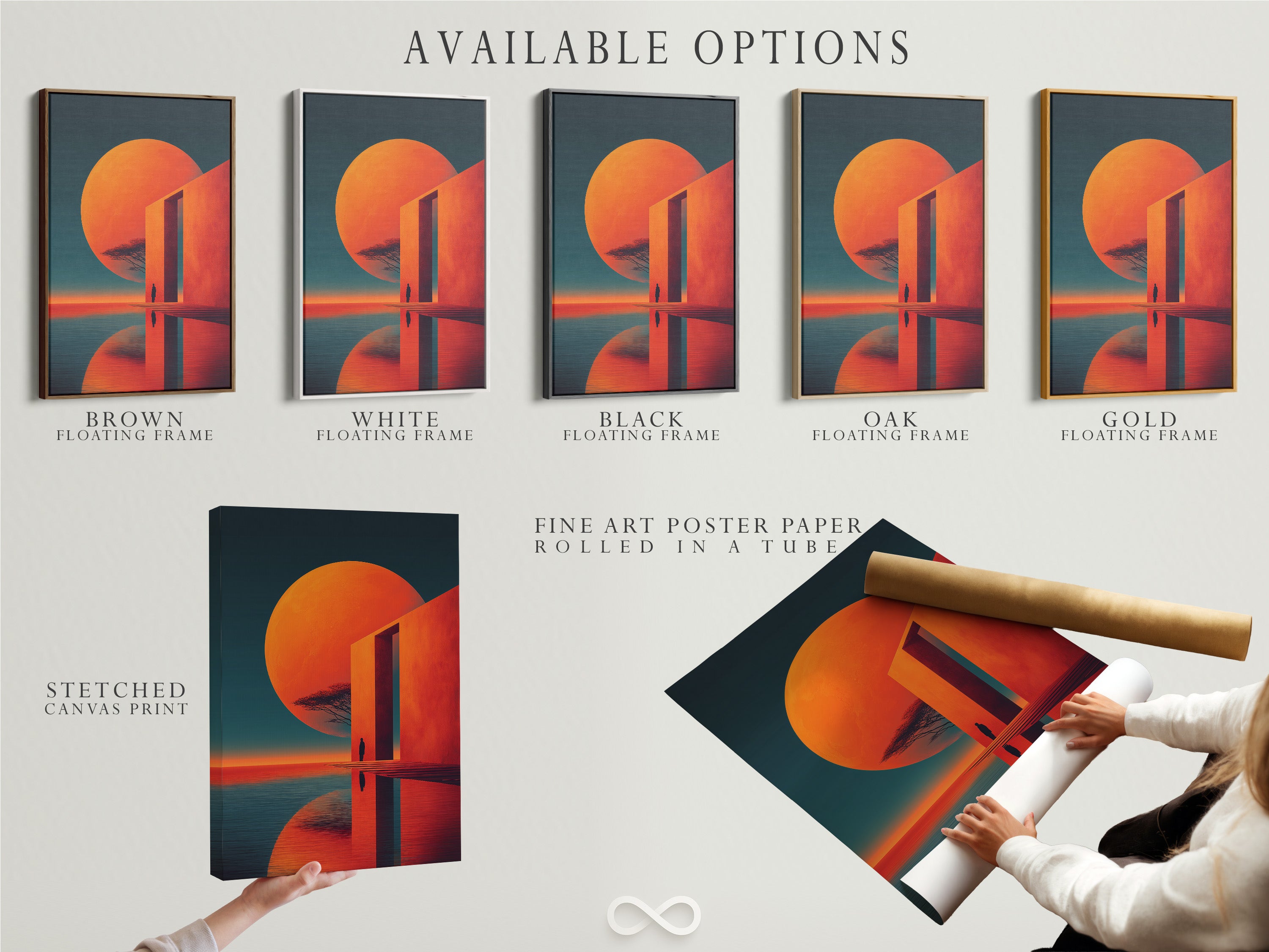 Available options include a stretched canvas print fine art poster paper and floating frame. The abstract sunset artwork can be customized. The modern geometric wall art suits various styles. The coral orange colors add warmth. Choose the perfect option. Ideal for art enthusiasts seeking personalized decor. Enhance your space with this contemporary artwork.
