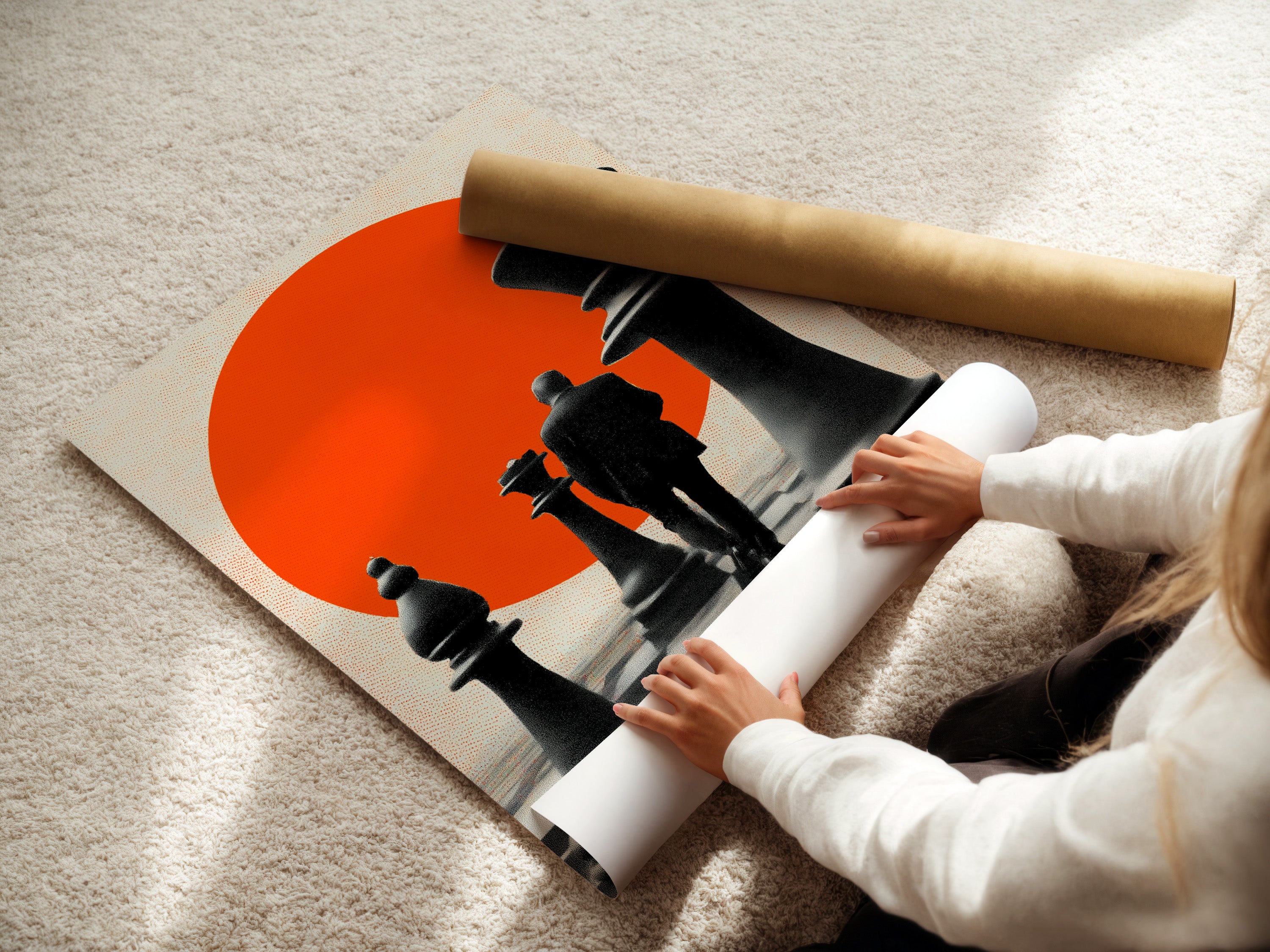 A woman carefully rolling a fine art poster paper. The poster paper is high quality and ready for framing. Fine art poster paper is ideal for detailed artwork. It ensures vibrant colors and sharp details. Get yours today.