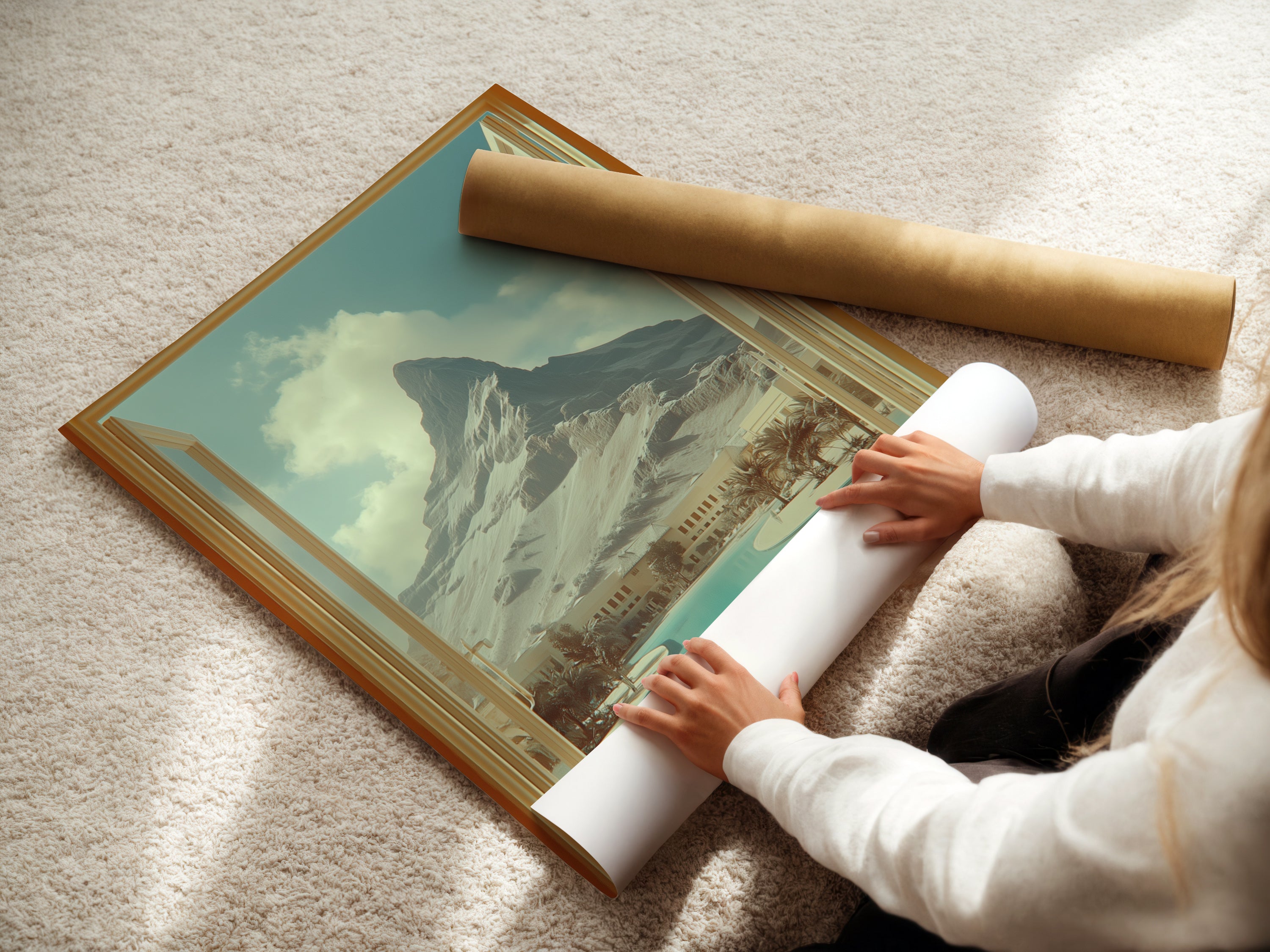 A woman is rolling a fine art poster paper. The paper features a mountain view artwork. This artwork creates an open window effect to a desert oasis. Perfect for home decor. Bring scenic travel scenery into your space.