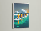 This penguin canvas art is displayed in a white frame. The arctic canvas print captures a vibrant scene of penguins and icebergs. This piece adds a touch of marine life to kids room wall art. The art suits minimalist interiors