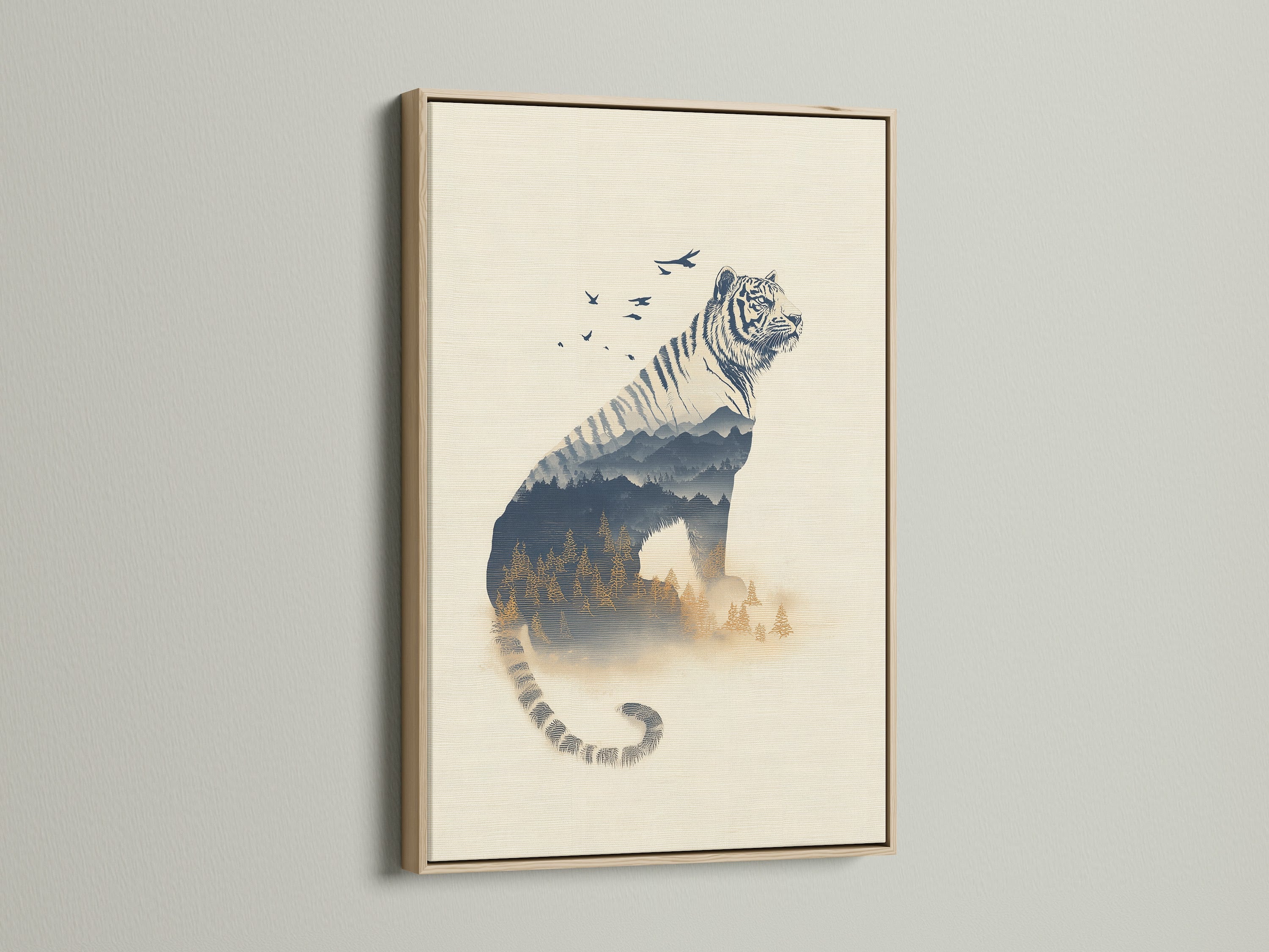 A stunning oak frame enhances this tiger double exposure print. The wildlife canvas art brings nature indoors. Ideal for modern home office decor. The oak frame adds a touch of warmth. This is a perfect choice for animal wall decor.