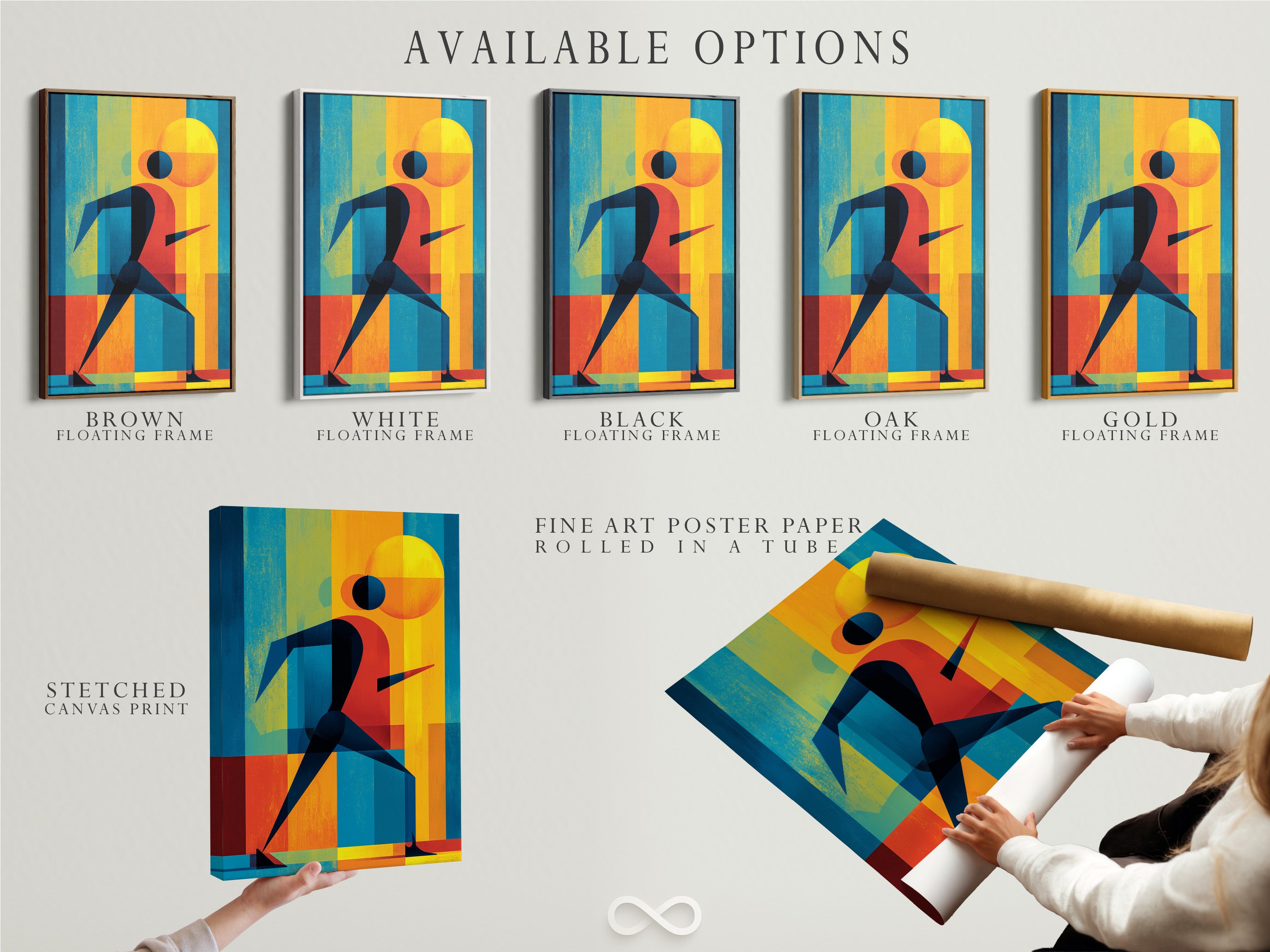 Available options for the Olympic Runner artwork. Choose from a stretched canvas print. Opt for fine art poster paper or a floating frame. Customize your athletic artwork to fit your space and style.